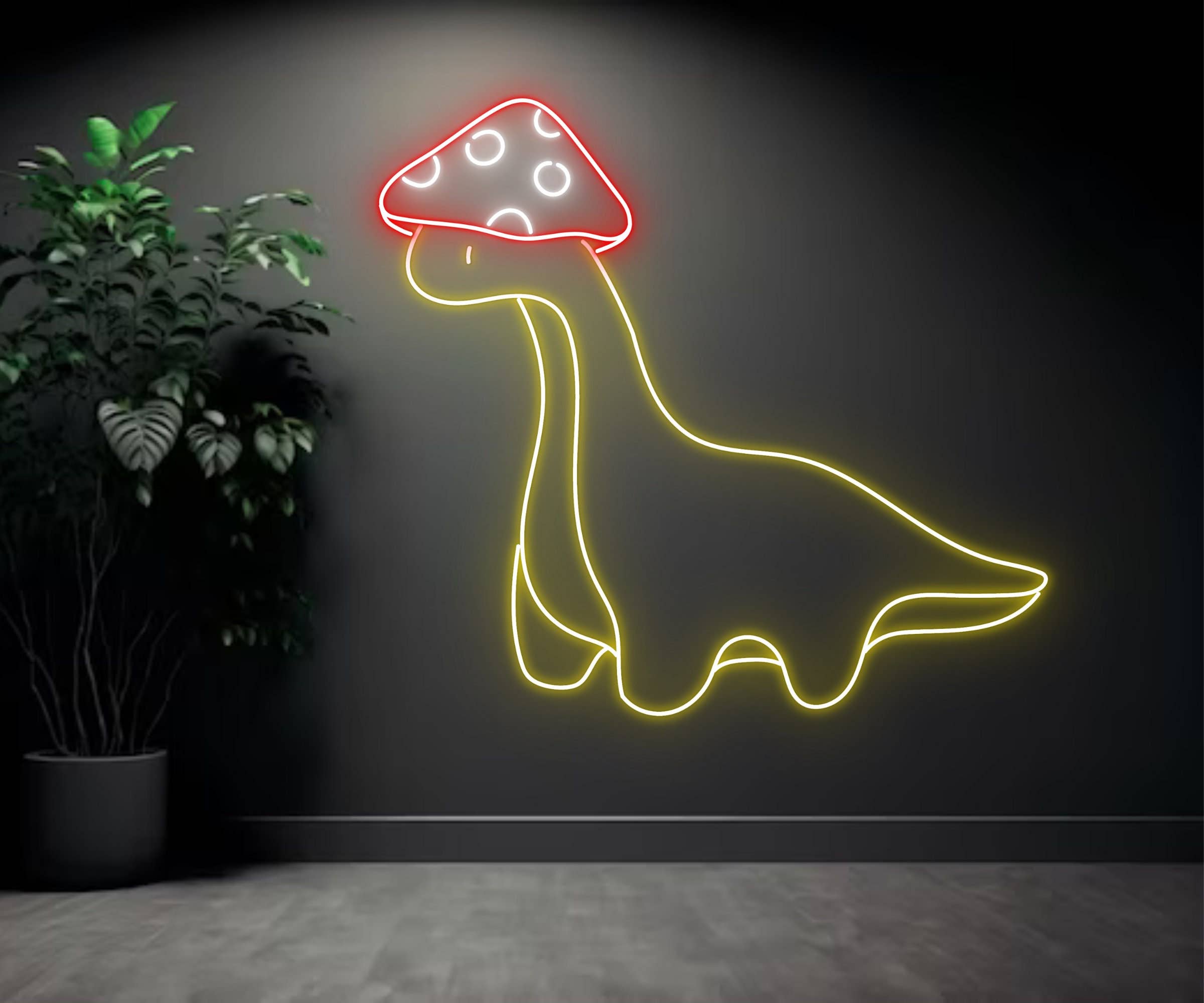 Dinosaur With Mushroom Hat Neon Sign Kids Room Decor