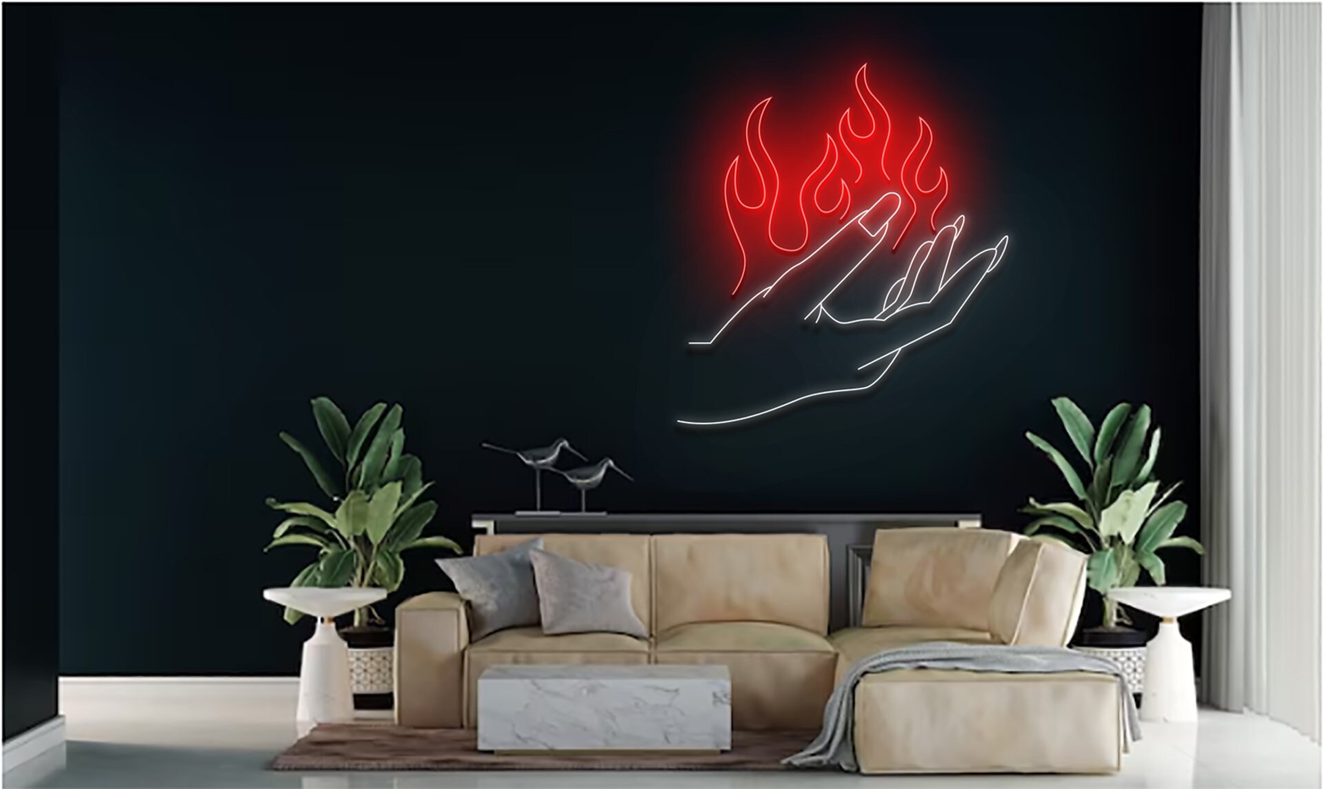 Woman Hand Hold Fire Neon Sign Abstract Wall Art