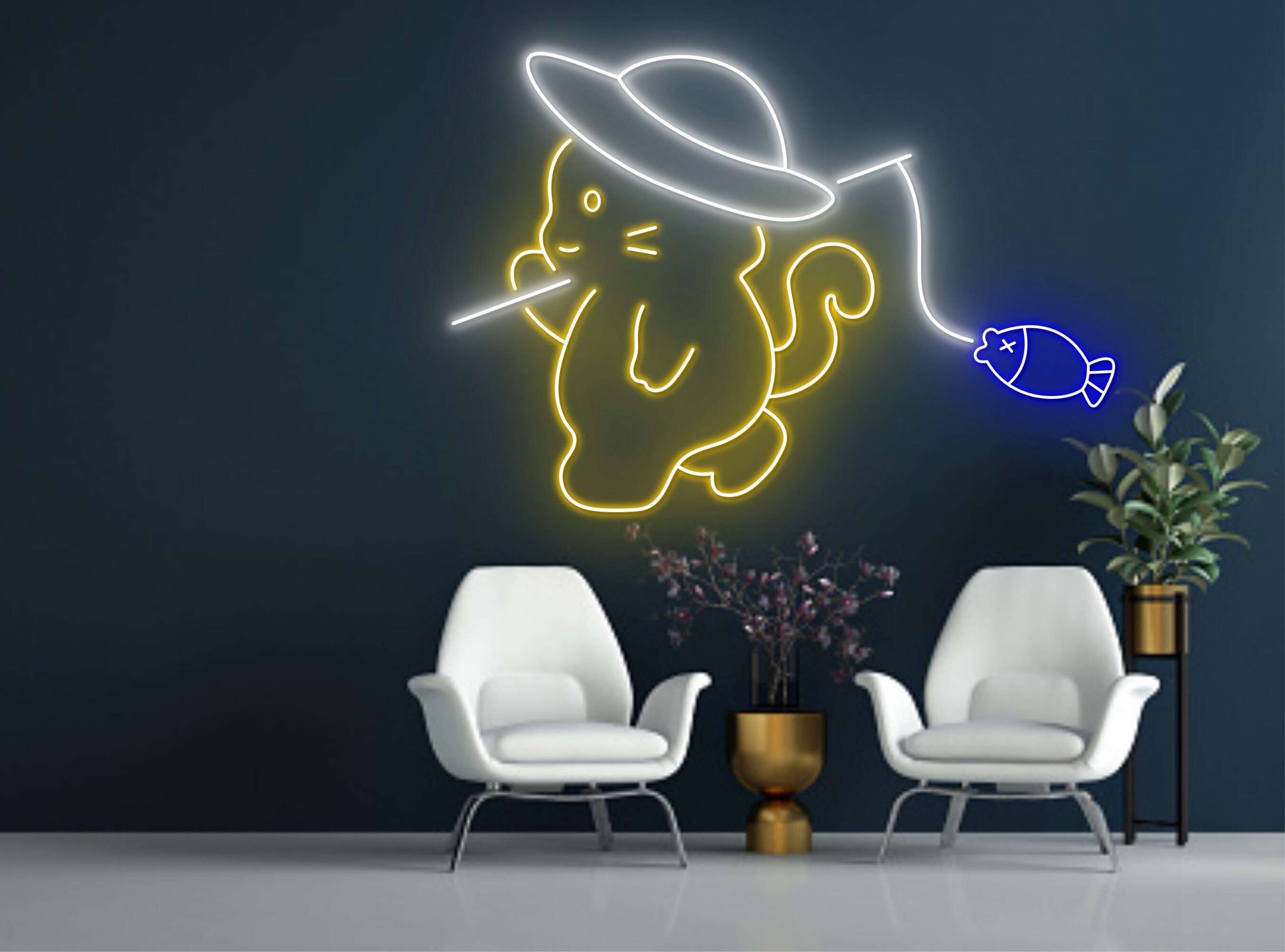 Cute Cat Fishing Line Art Neon Sign