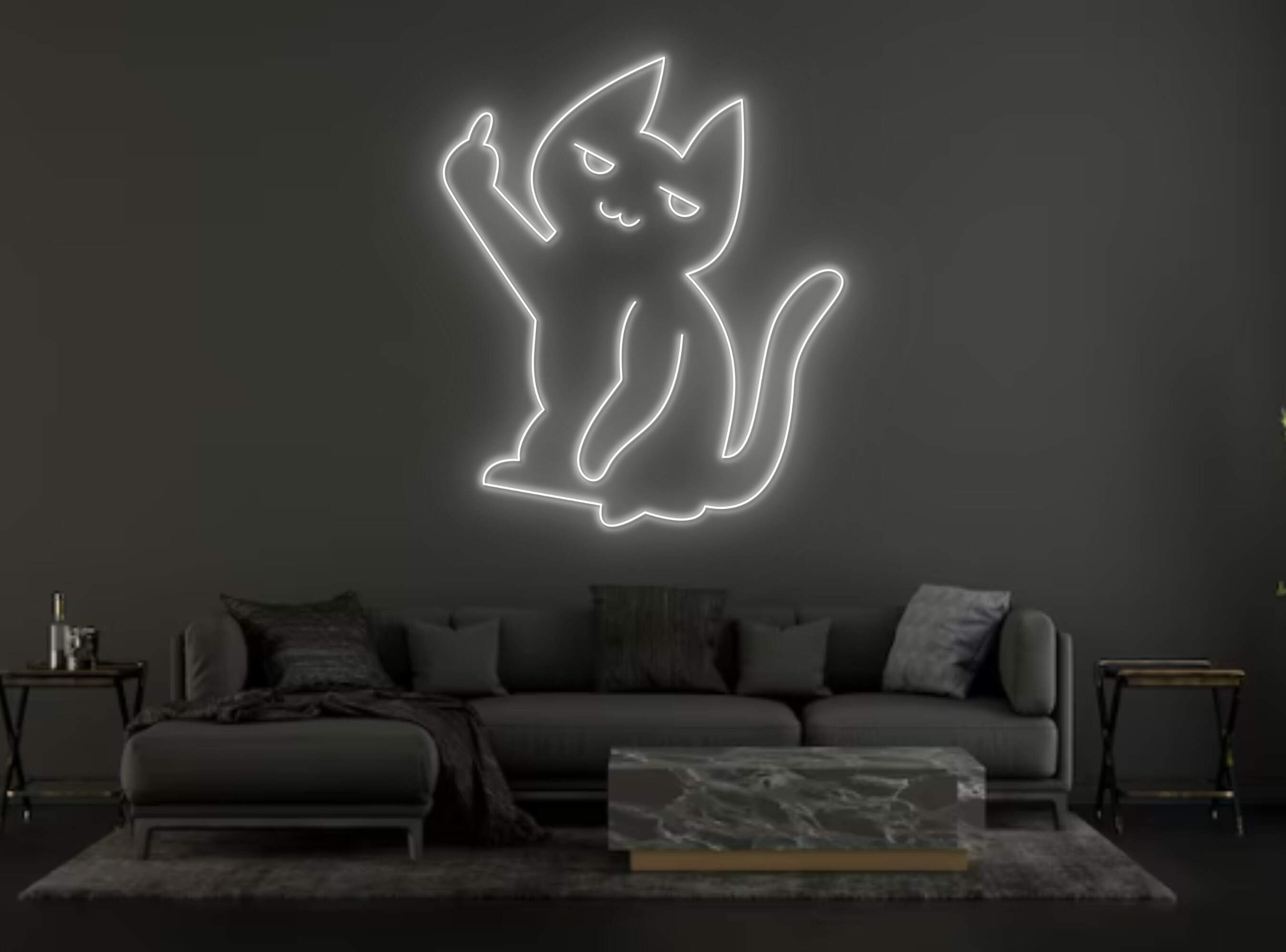 Humor Middle Finger Chibi Cat Line Art Neon Sign