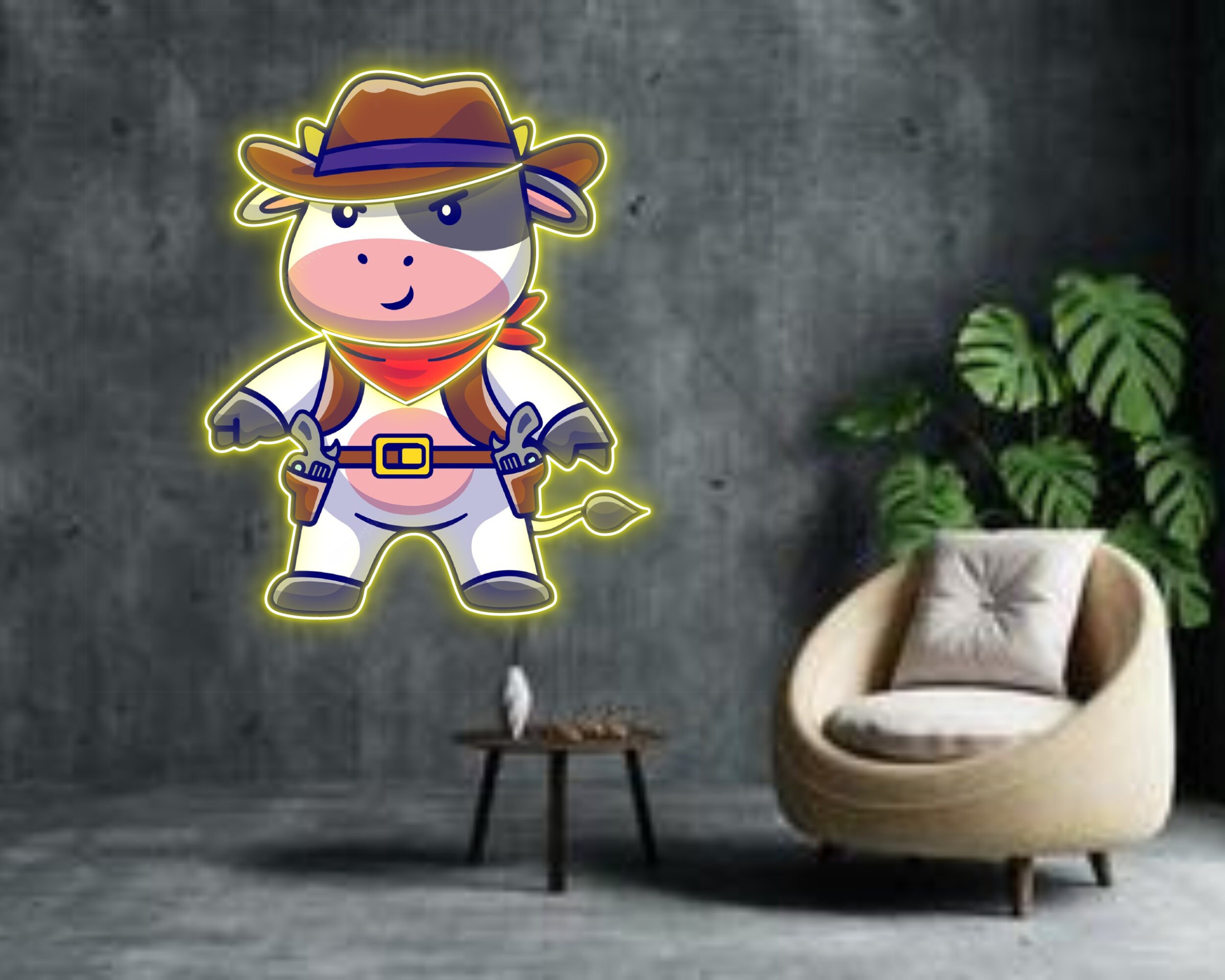 Cute Cow Cowboy Cartoon Neon Sign