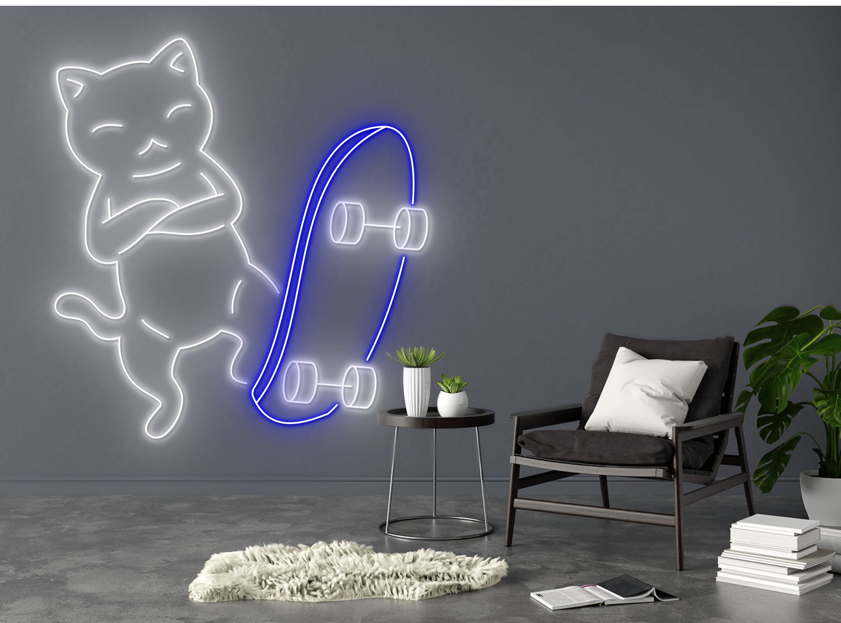 Skateboarding Chibi Cat Line Art Neon Sign