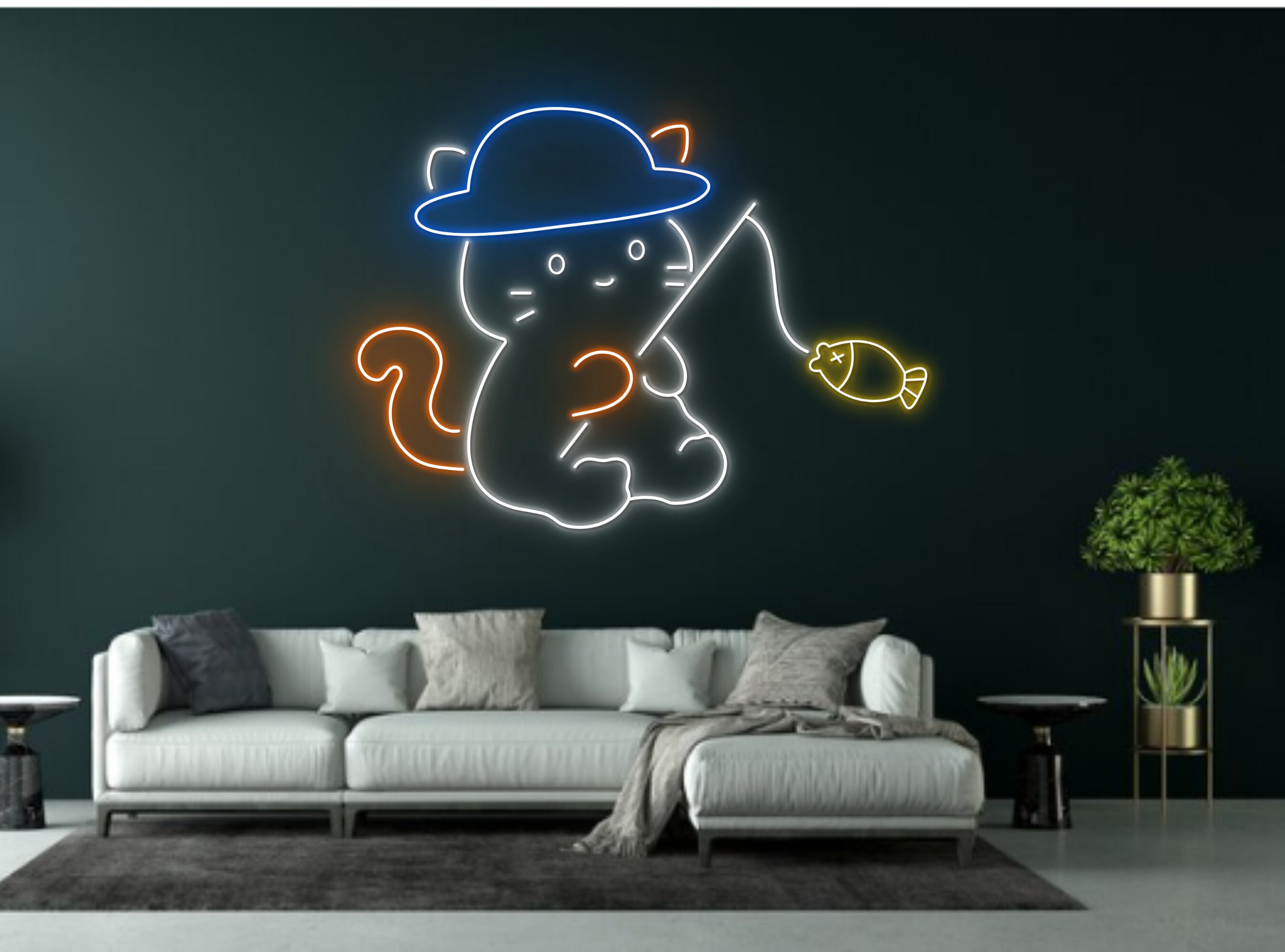 Cute Cat Fishing Line Art Neon Sign Cat Owner Decor