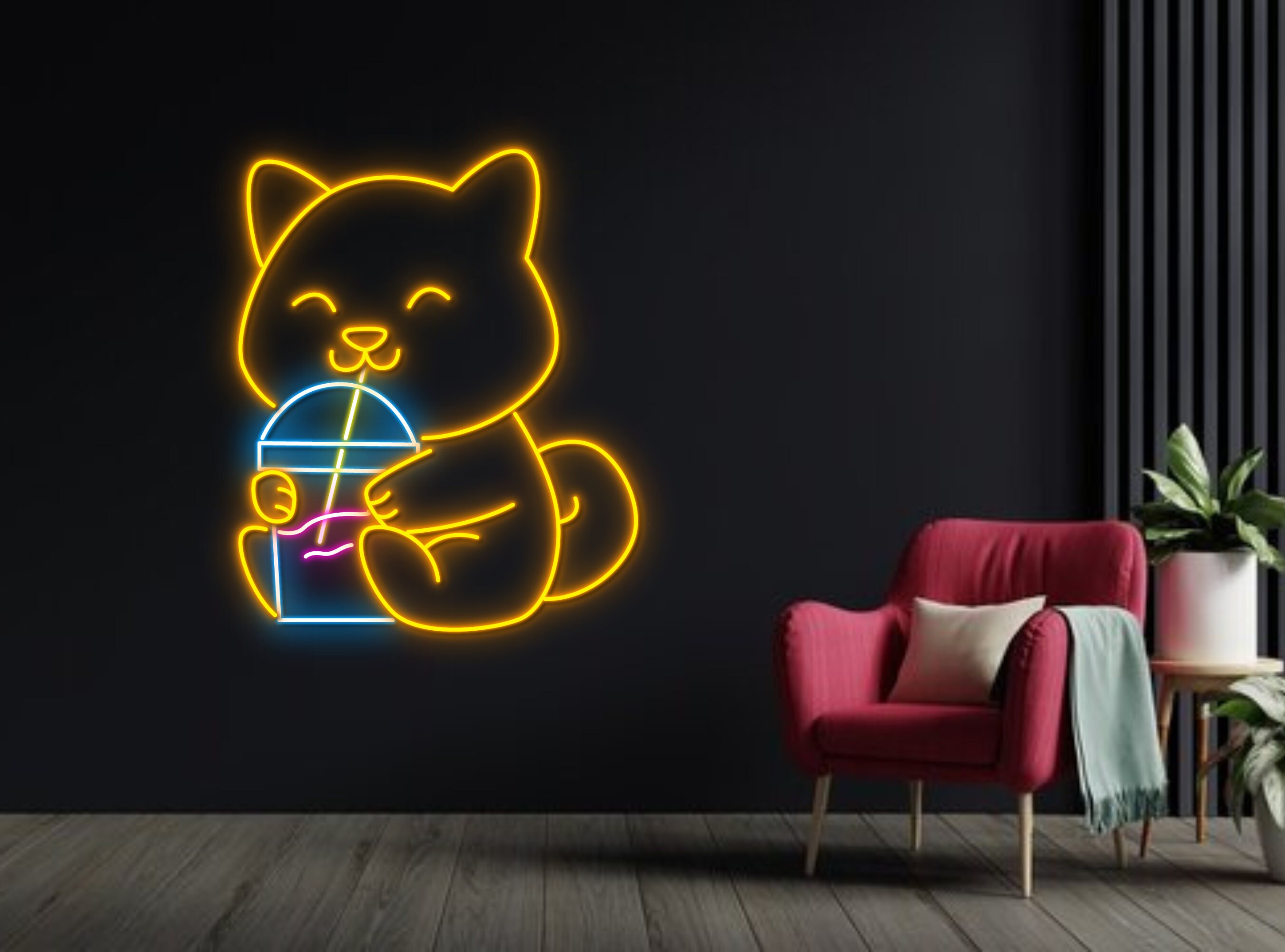 Chibi Dog Drink Bubble Tea Neon Sign