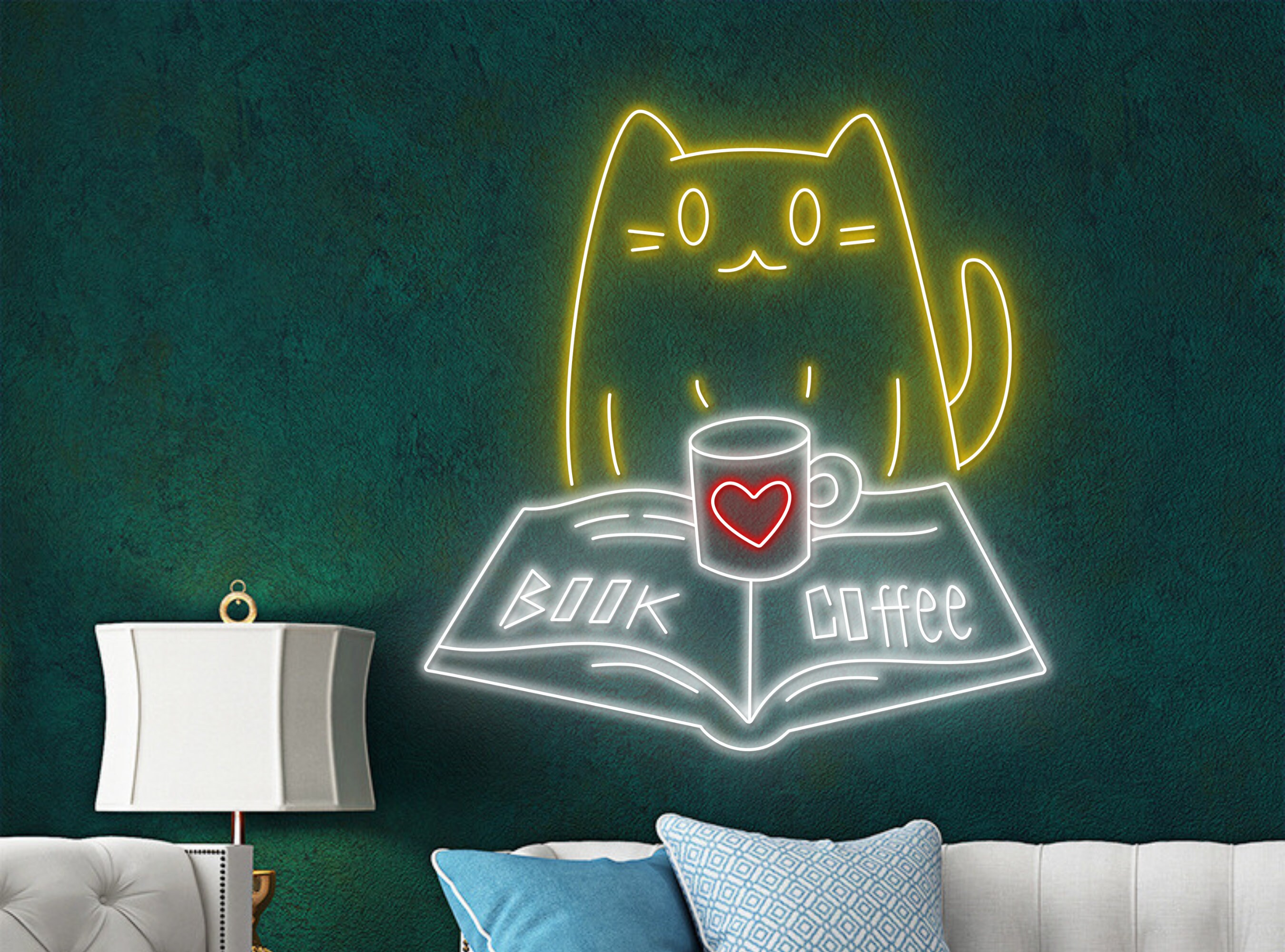 Chibi Cat Reading Book Coffee Neon Sign