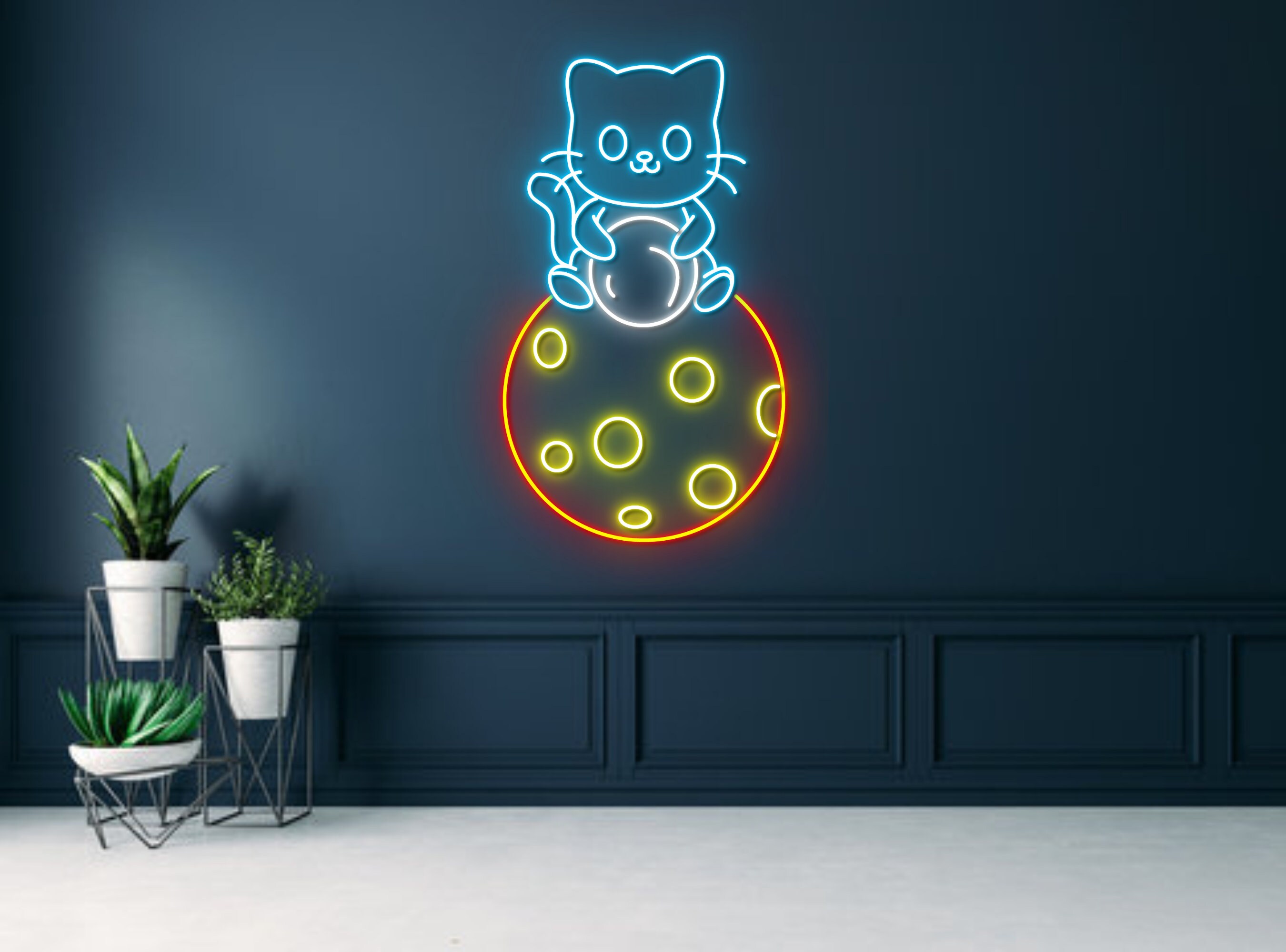 Cute Cat Sitting On Virus Line Art Neon Sign