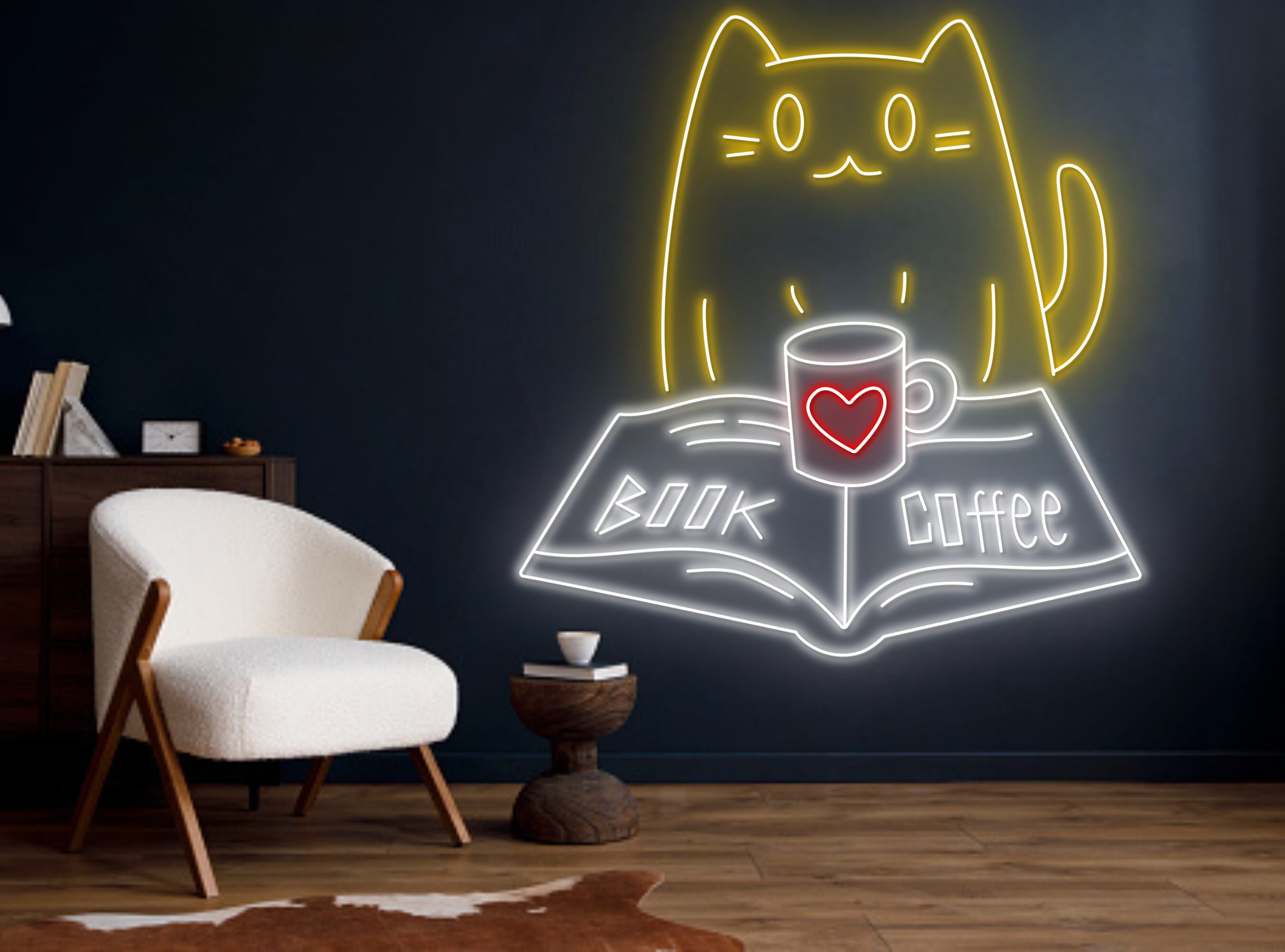 Chibi Cat Reading Book Coffee Neon Sign