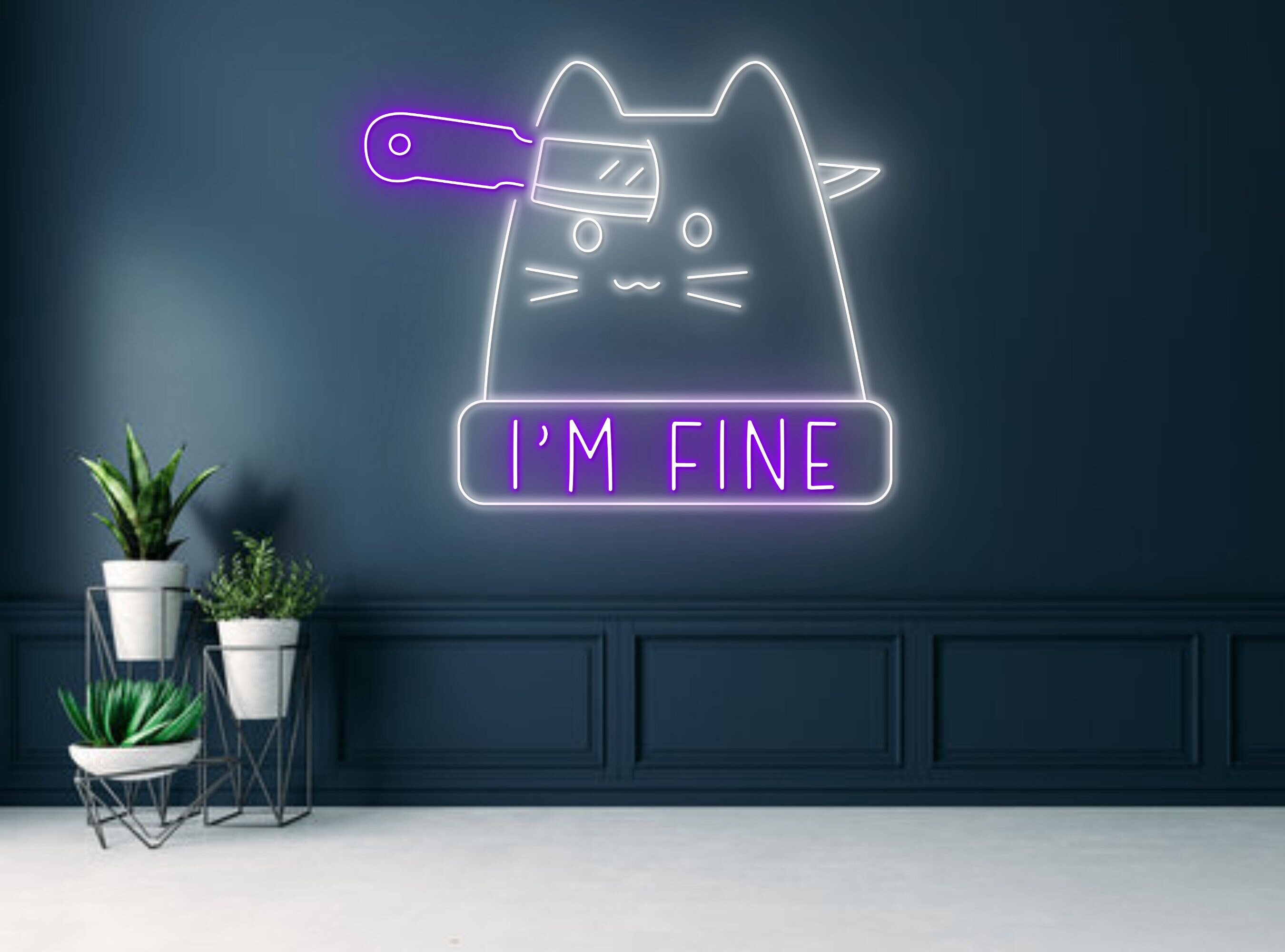Knife In The Cat Head Line Art Neon Sign
