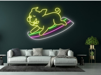 Pug Dog Surfing On Beach Neon Sign