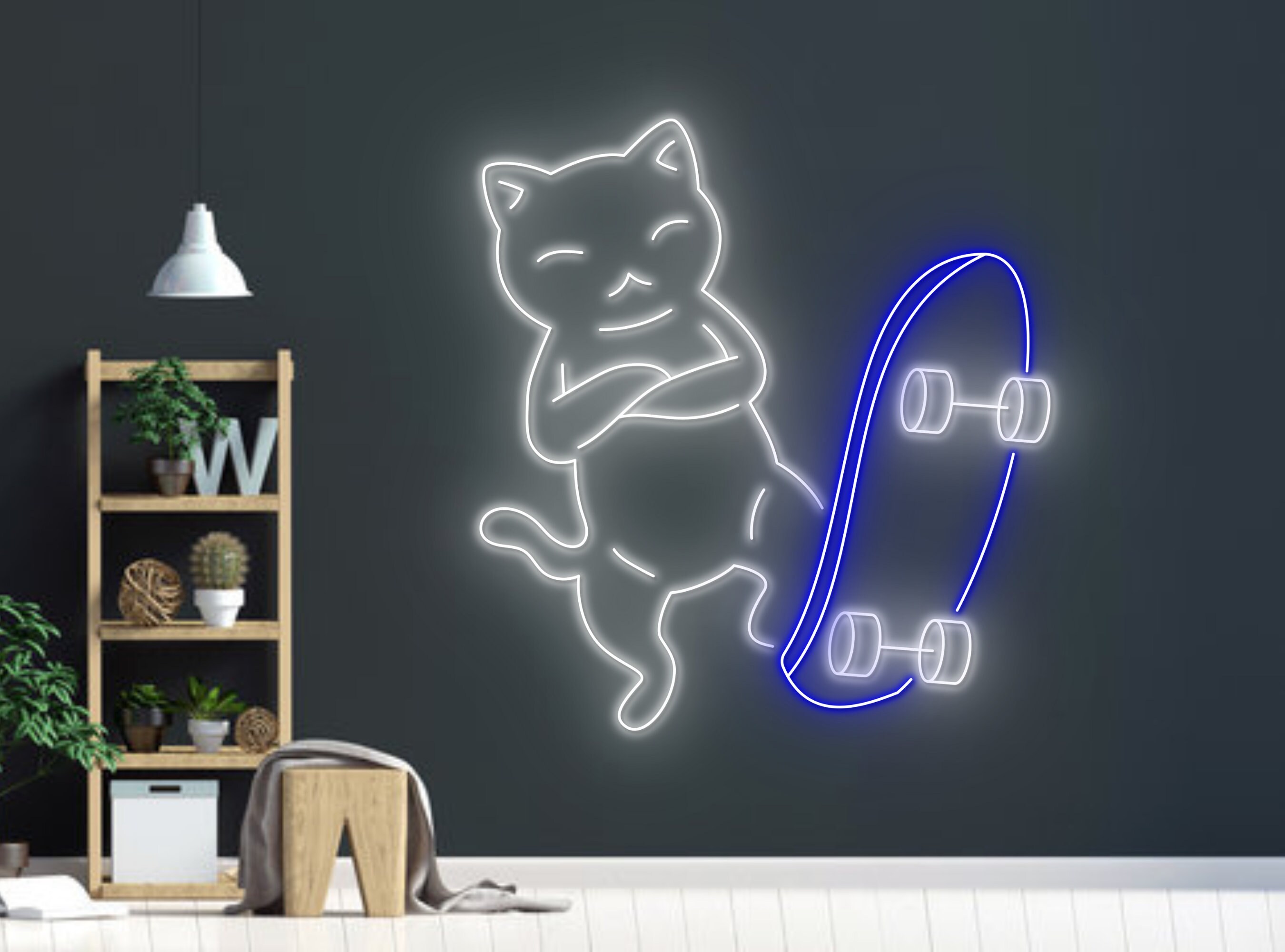 Skateboarding Chibi Cat Line Art Neon Sign