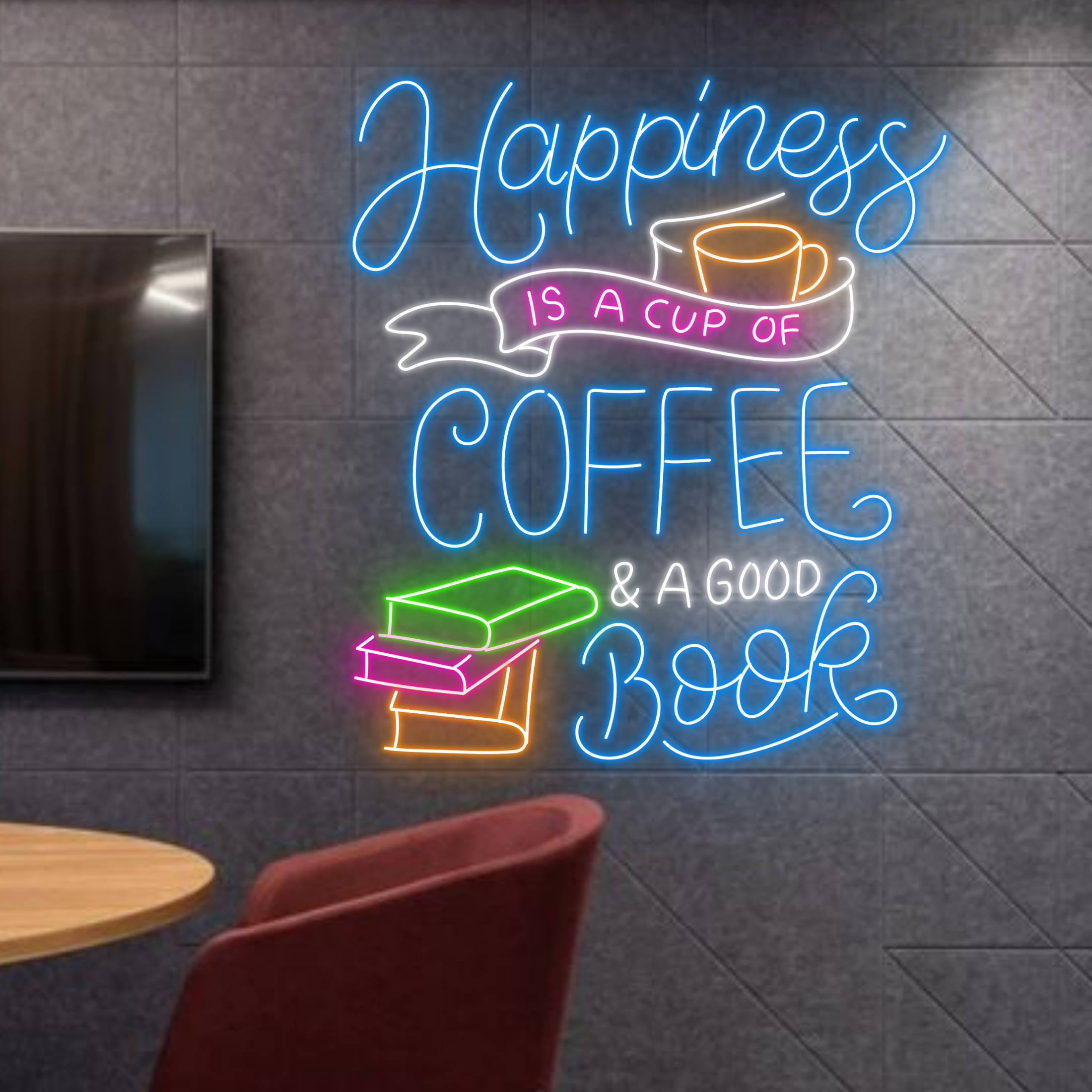 Happiness is Coffee And Book Neon Sign