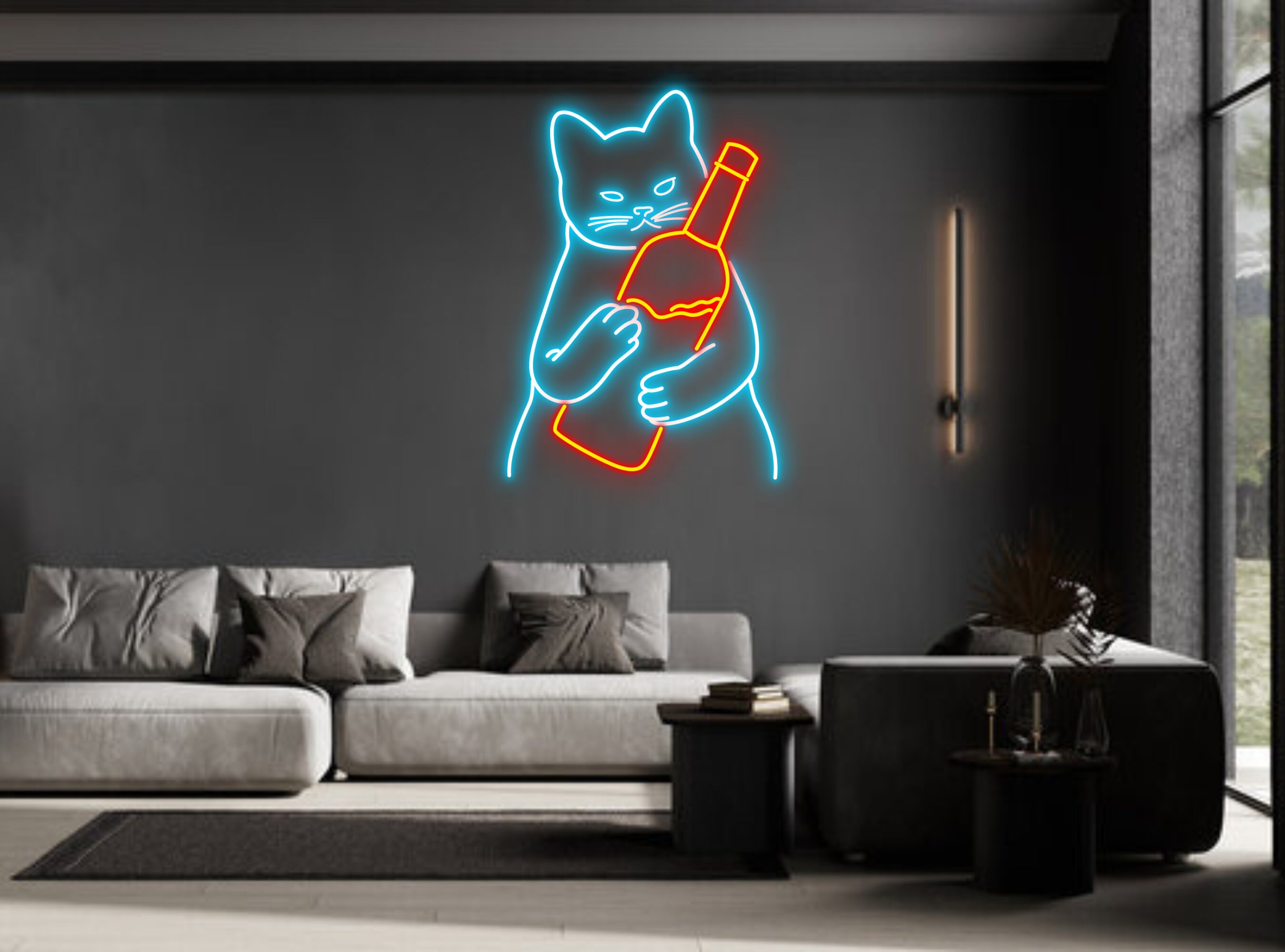 Cat Hug Wine Bottle Line Art Neon Sign