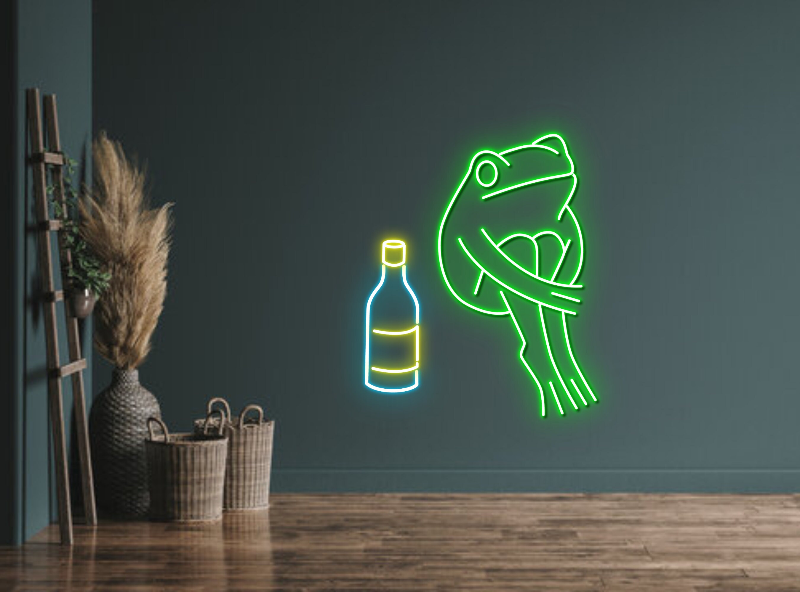 Chibi Frog Sit Next To Wine Bottle Neon Sign