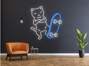 Skateboarding Chibi Cat Line Art Neon Sign