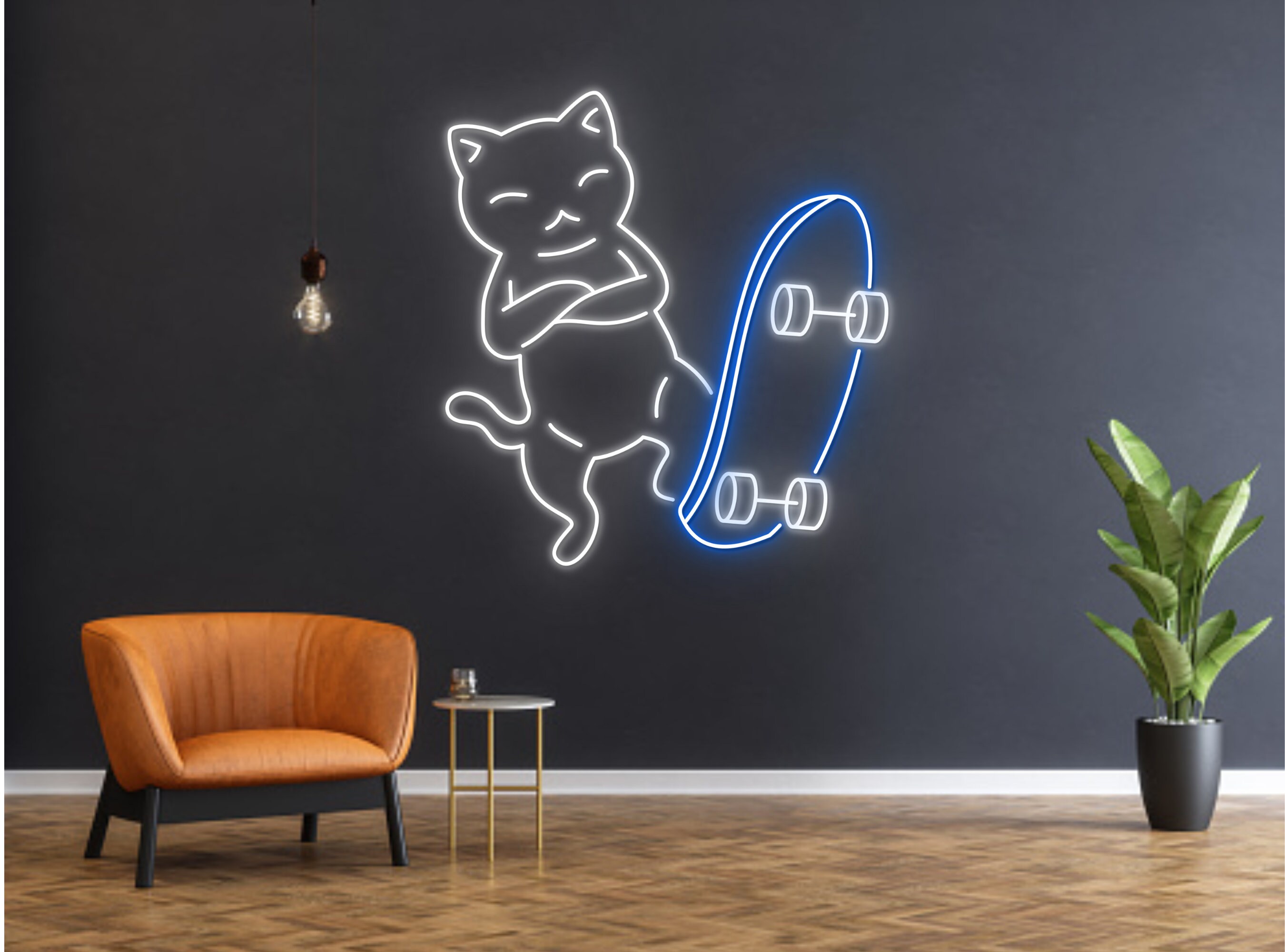 Skateboarding Chibi Cat Line Art Neon Sign