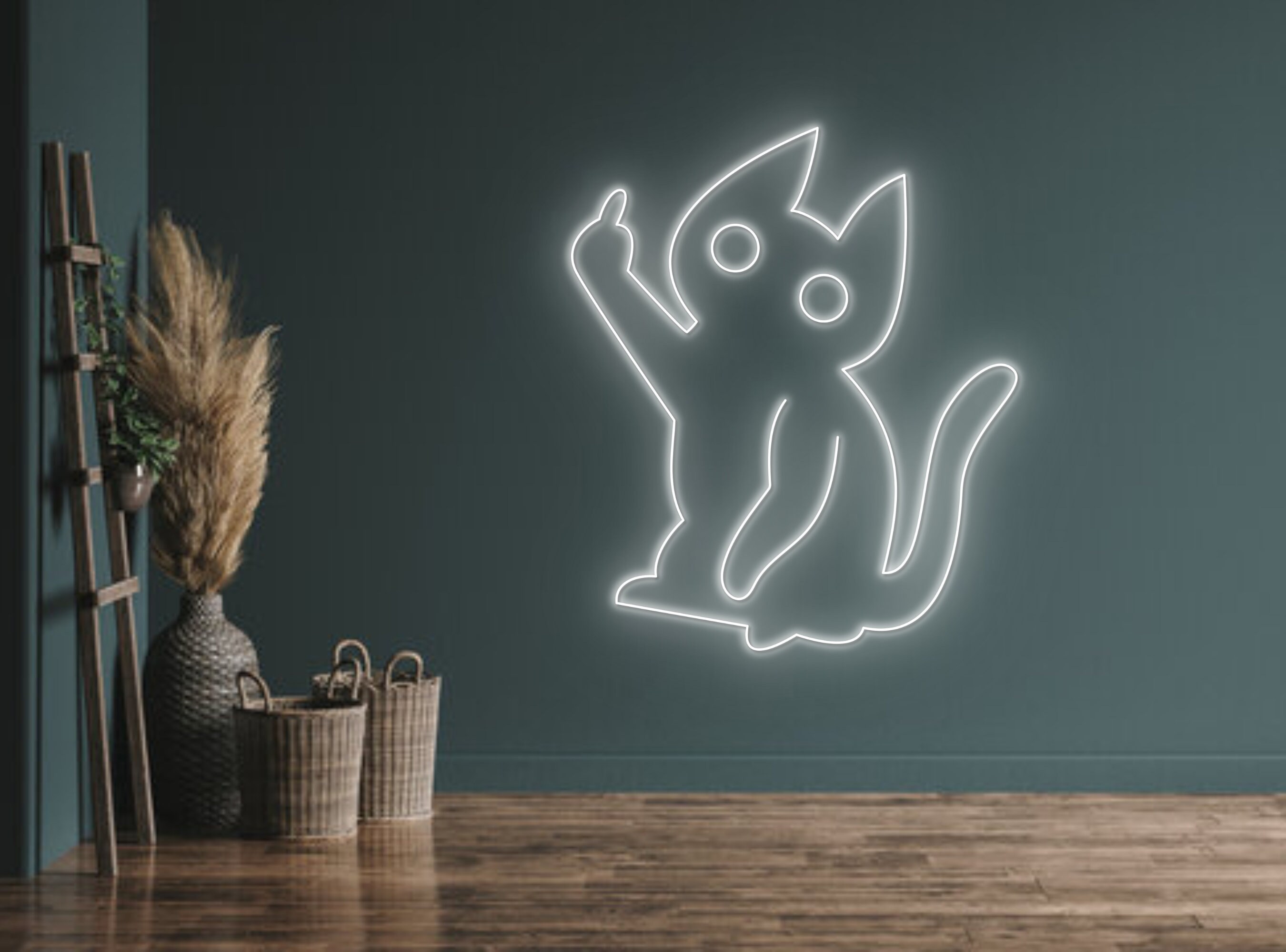 Middle Finger Chibi Cat Line Art Neon Sign