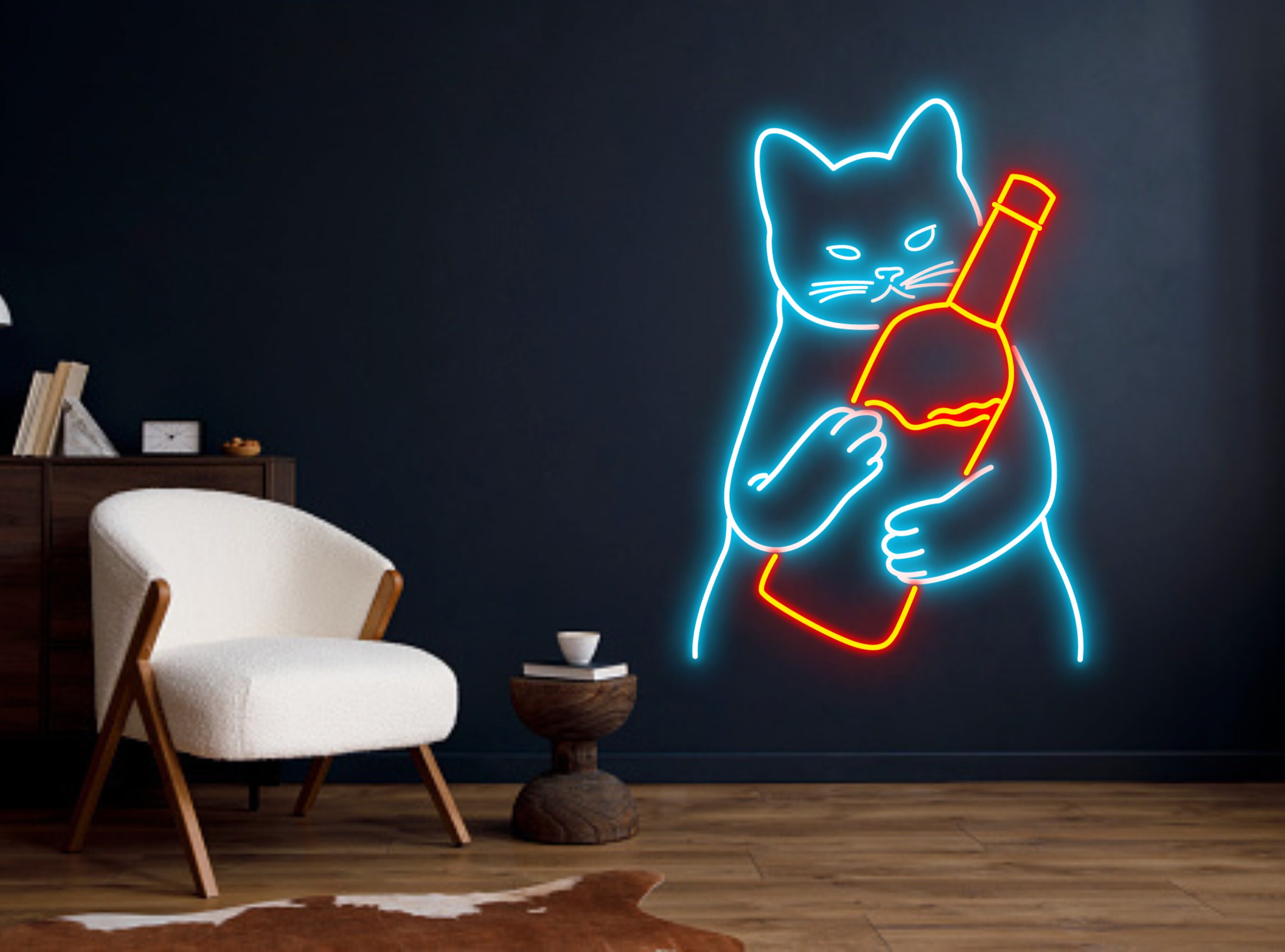 Cat Hug Wine Bottle Line Art Neon Sign