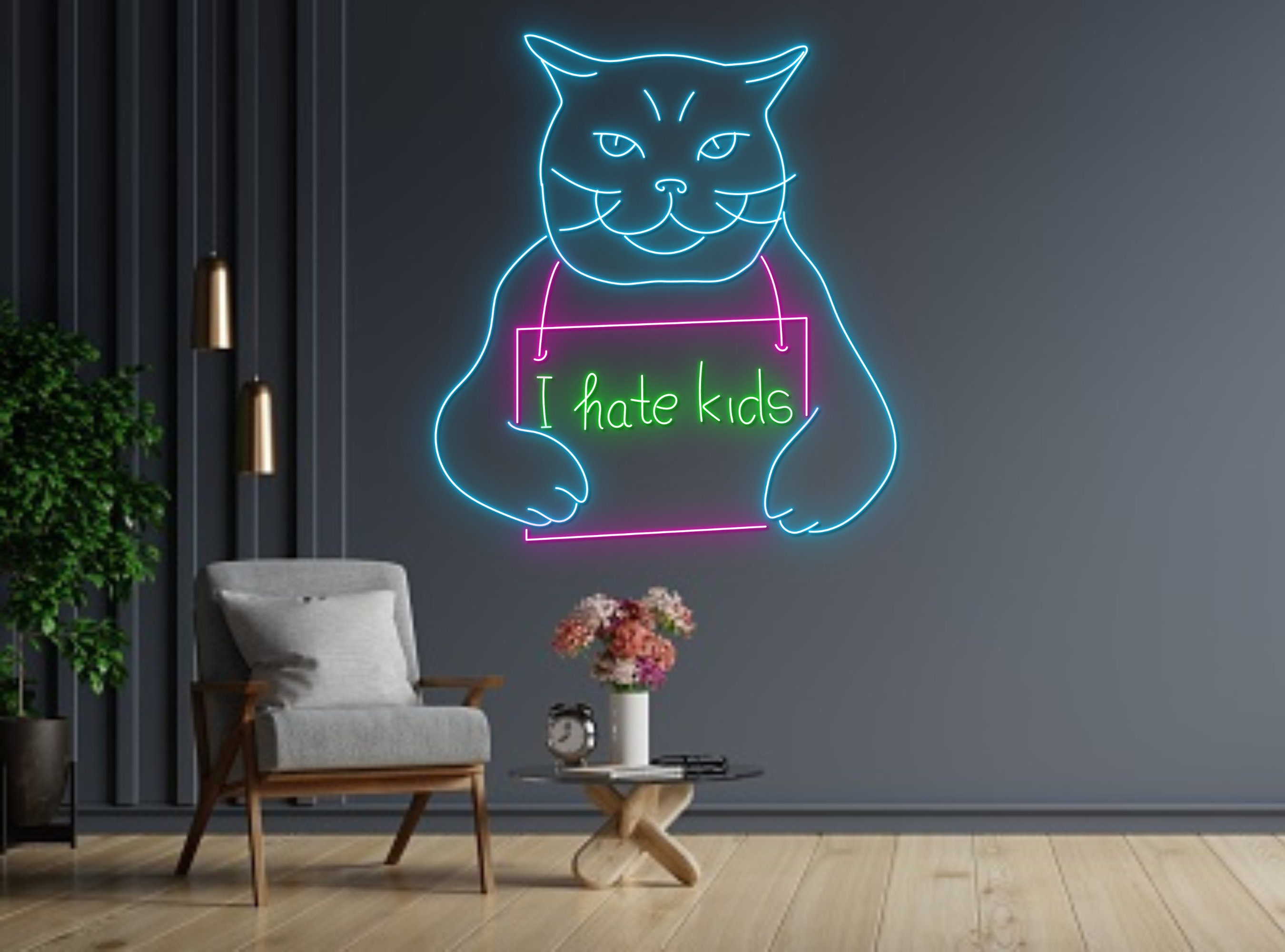 I Hate Kids Prison Cat Portrait Jailed Cat Neon Sign