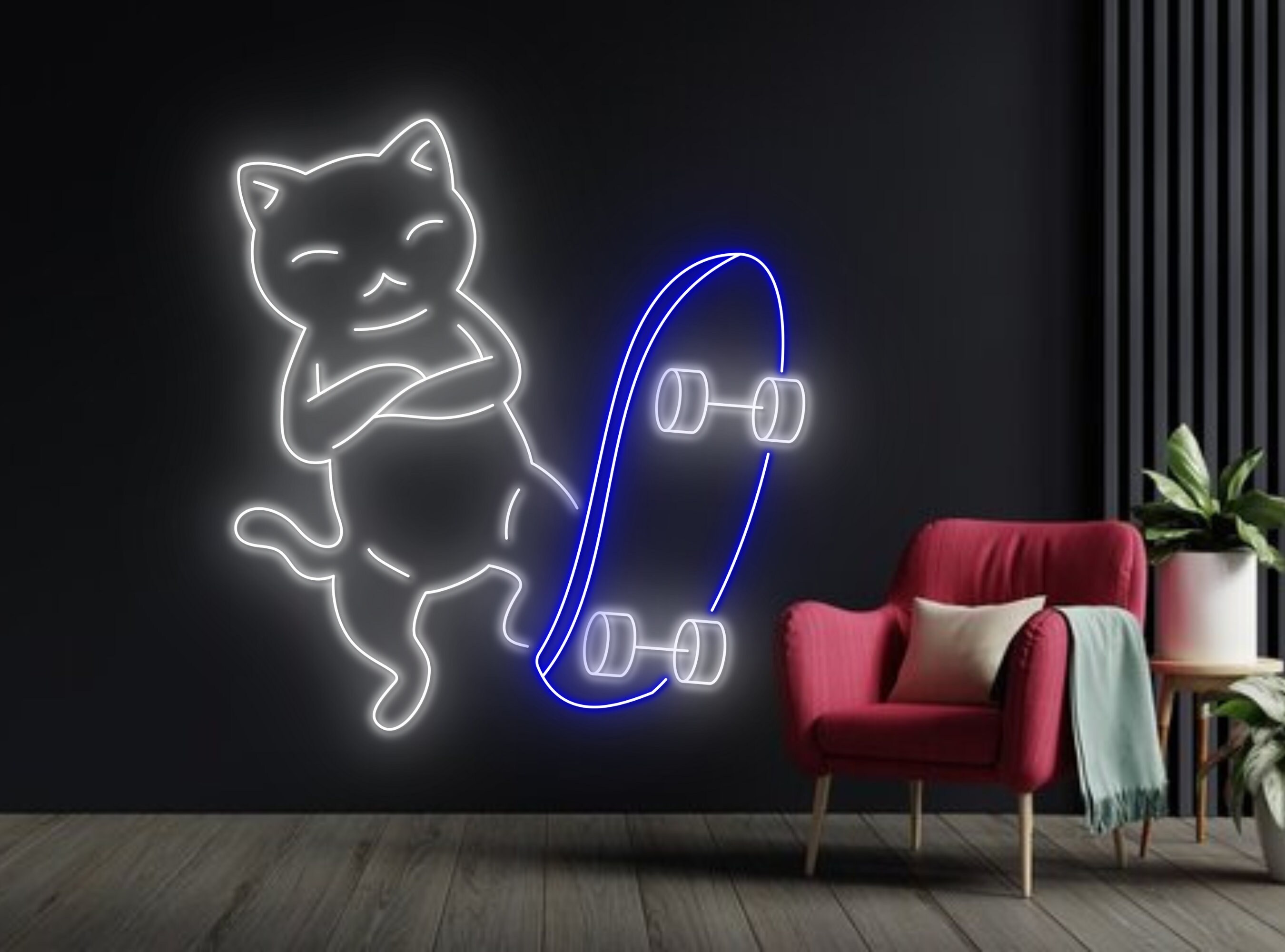Skateboarding Chibi Cat Line Art Neon Sign