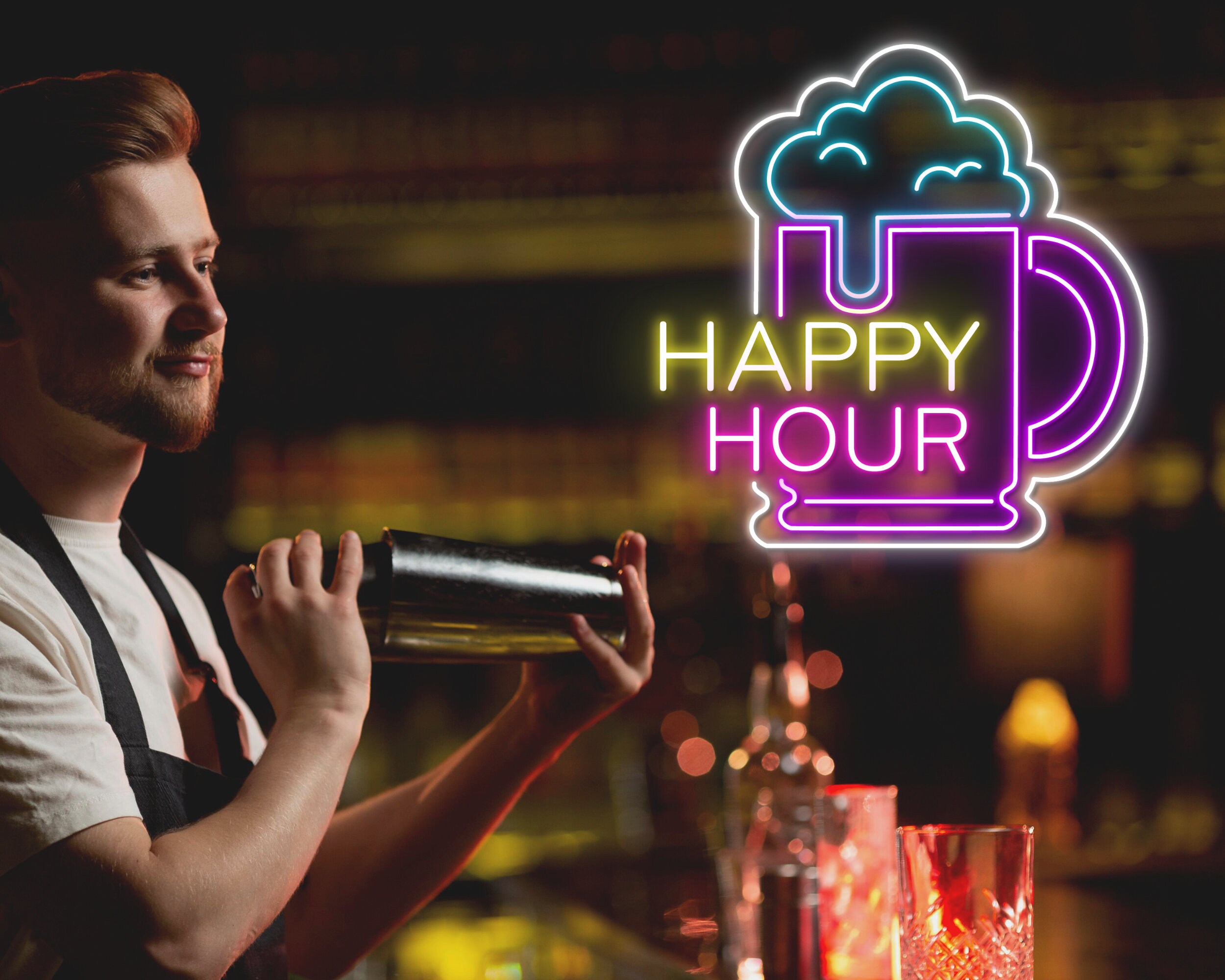 Happy Hour Beer Bottle Glass Foam Neon Sign