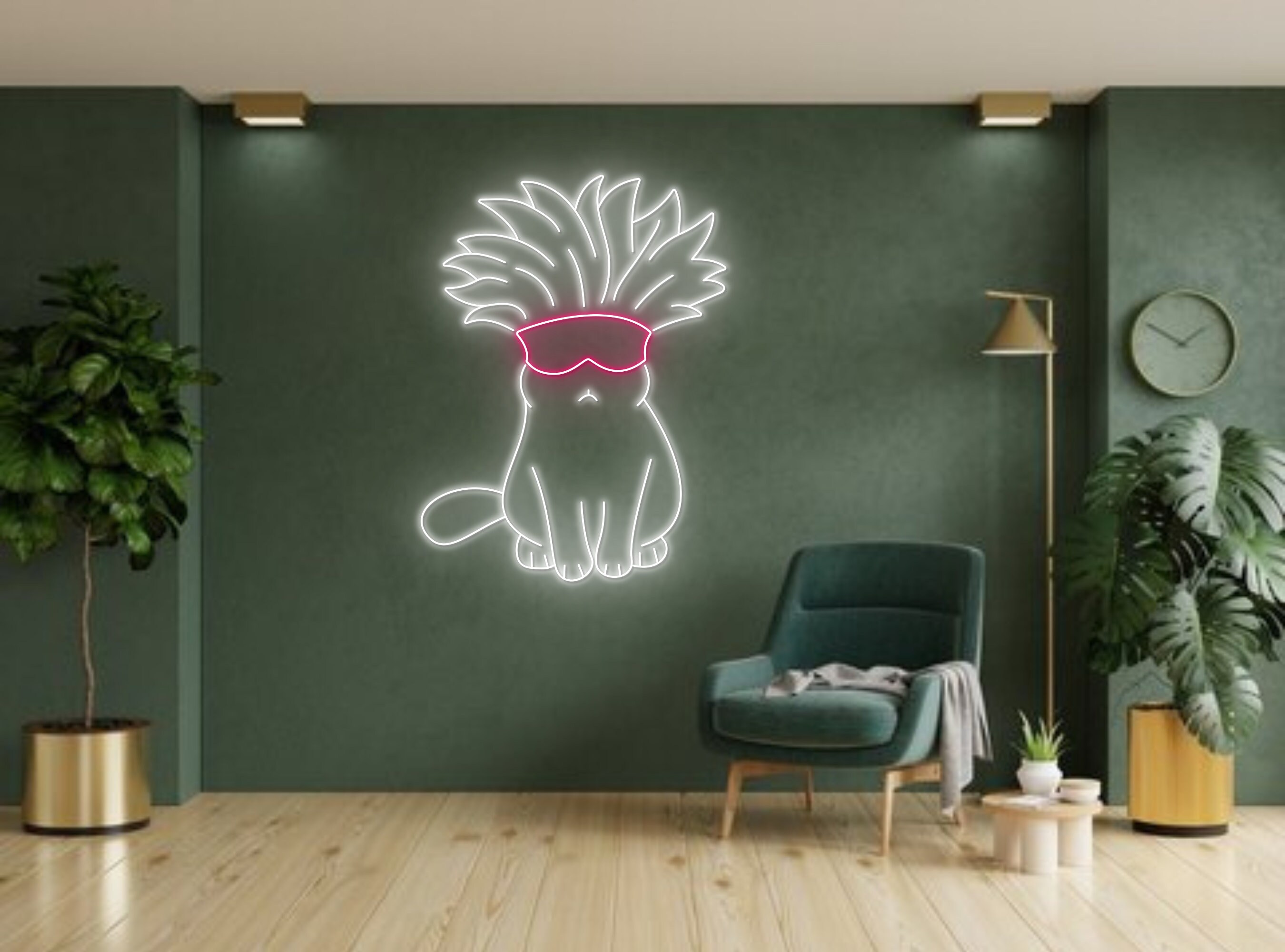 Chibi Cat With Feather Headdress Line Art Neon Sign