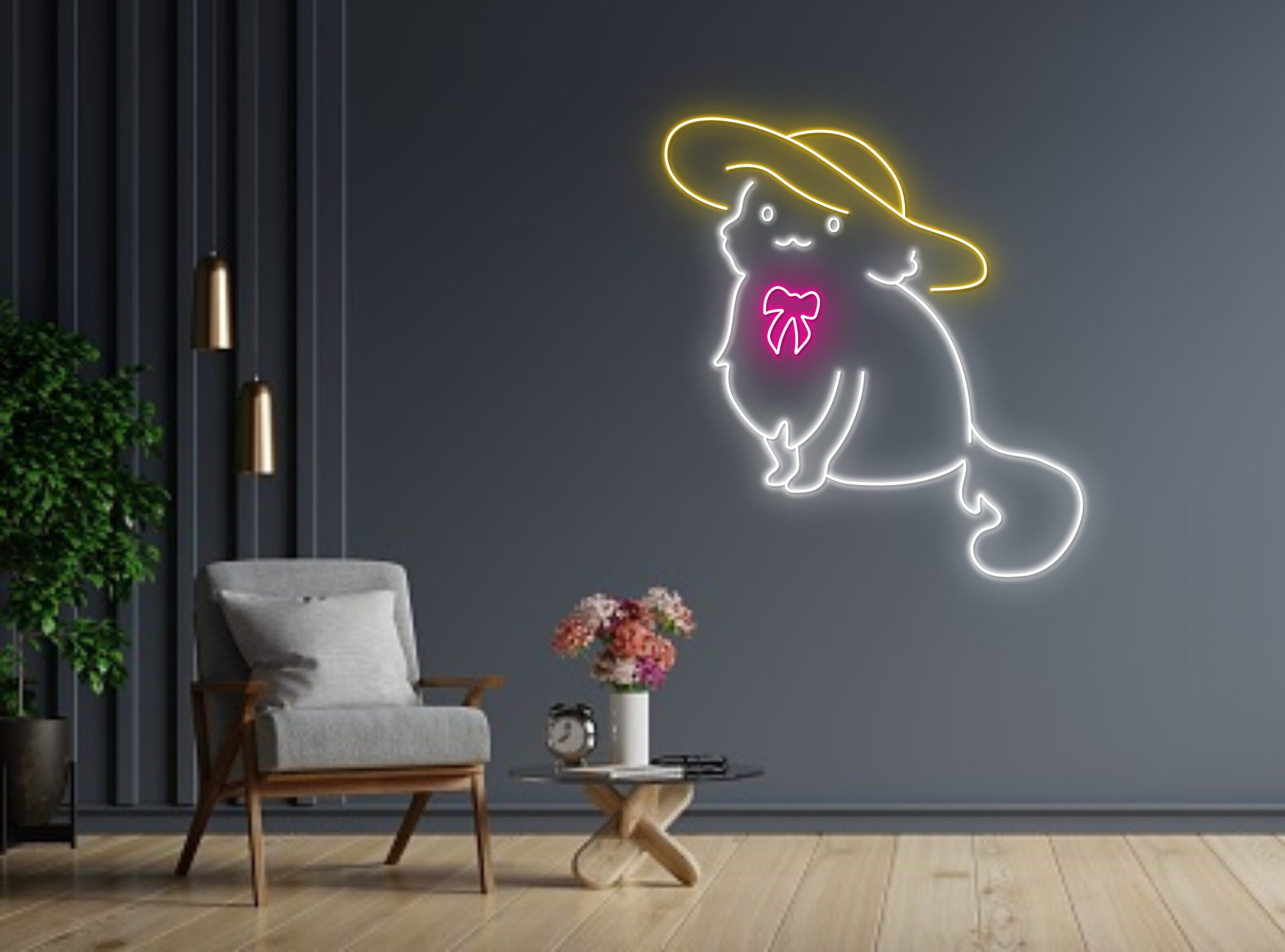 Chibi Cat With Hat And Bow Line Art Neon Sign