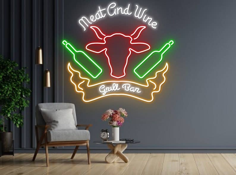 Meat Wine Restaurant Neon Sign Grill Bar BBQ Decor