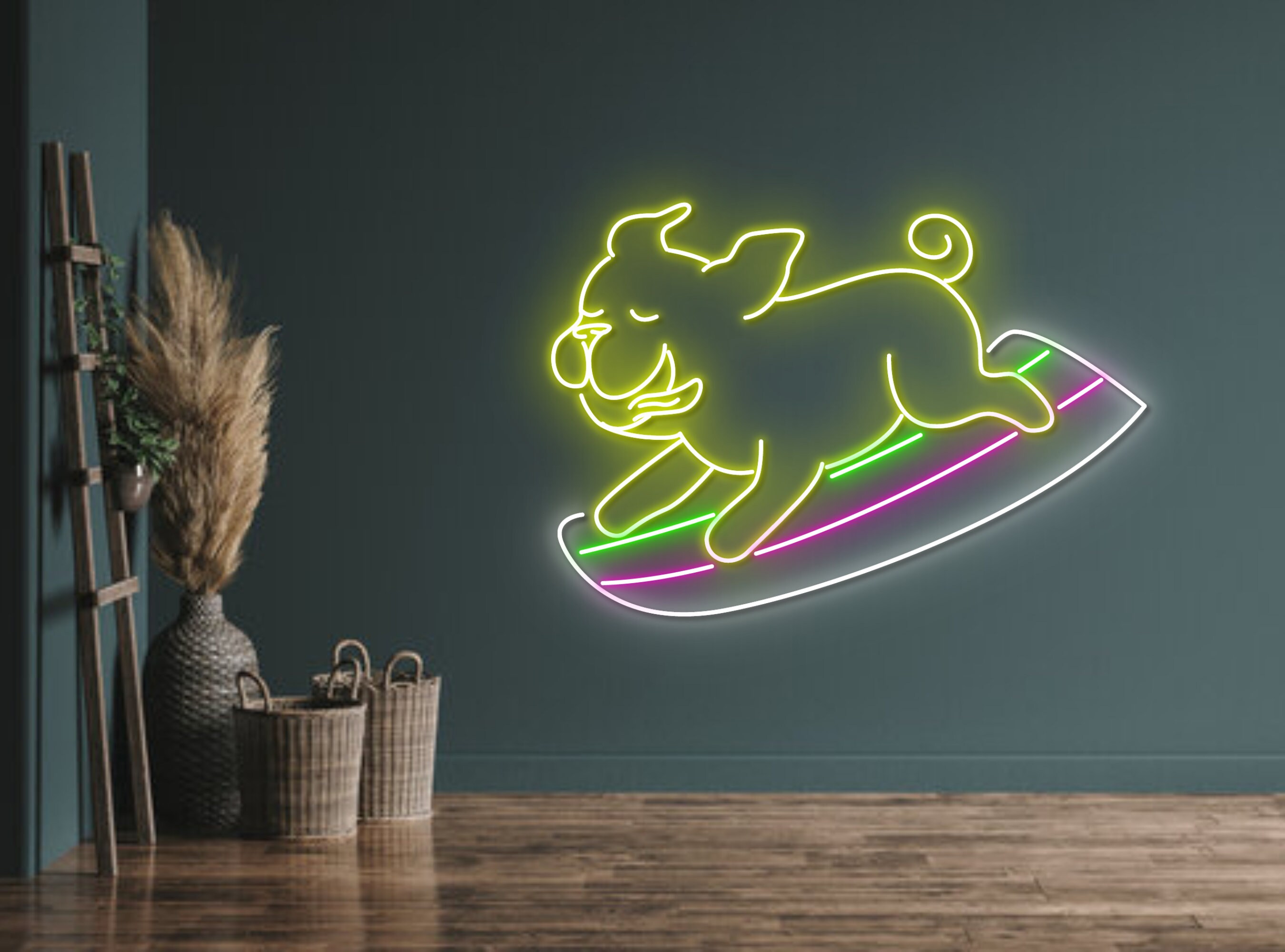 Pug Dog Surfing On Beach Neon Sign