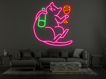 Cat Hug Wine Bottle And Champagne Neon Sign