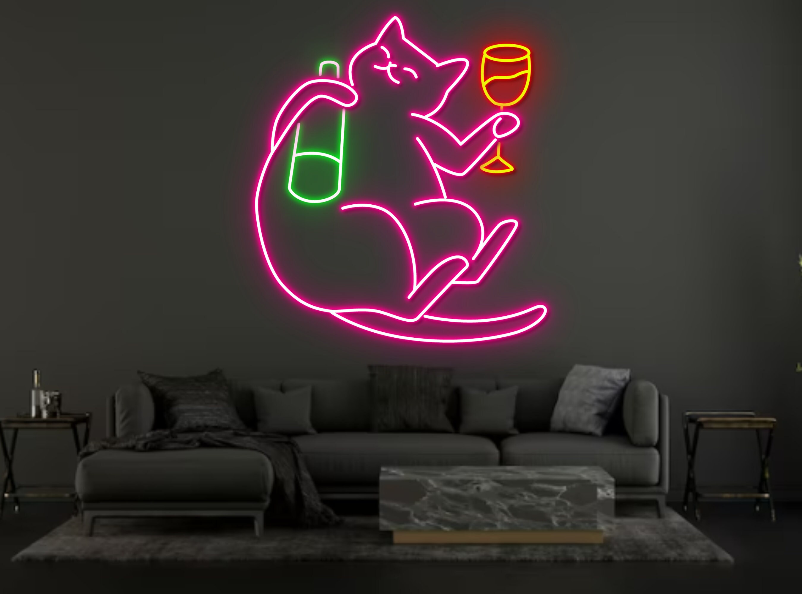 Cat Hug Wine Bottle And Champagne Neon Sign