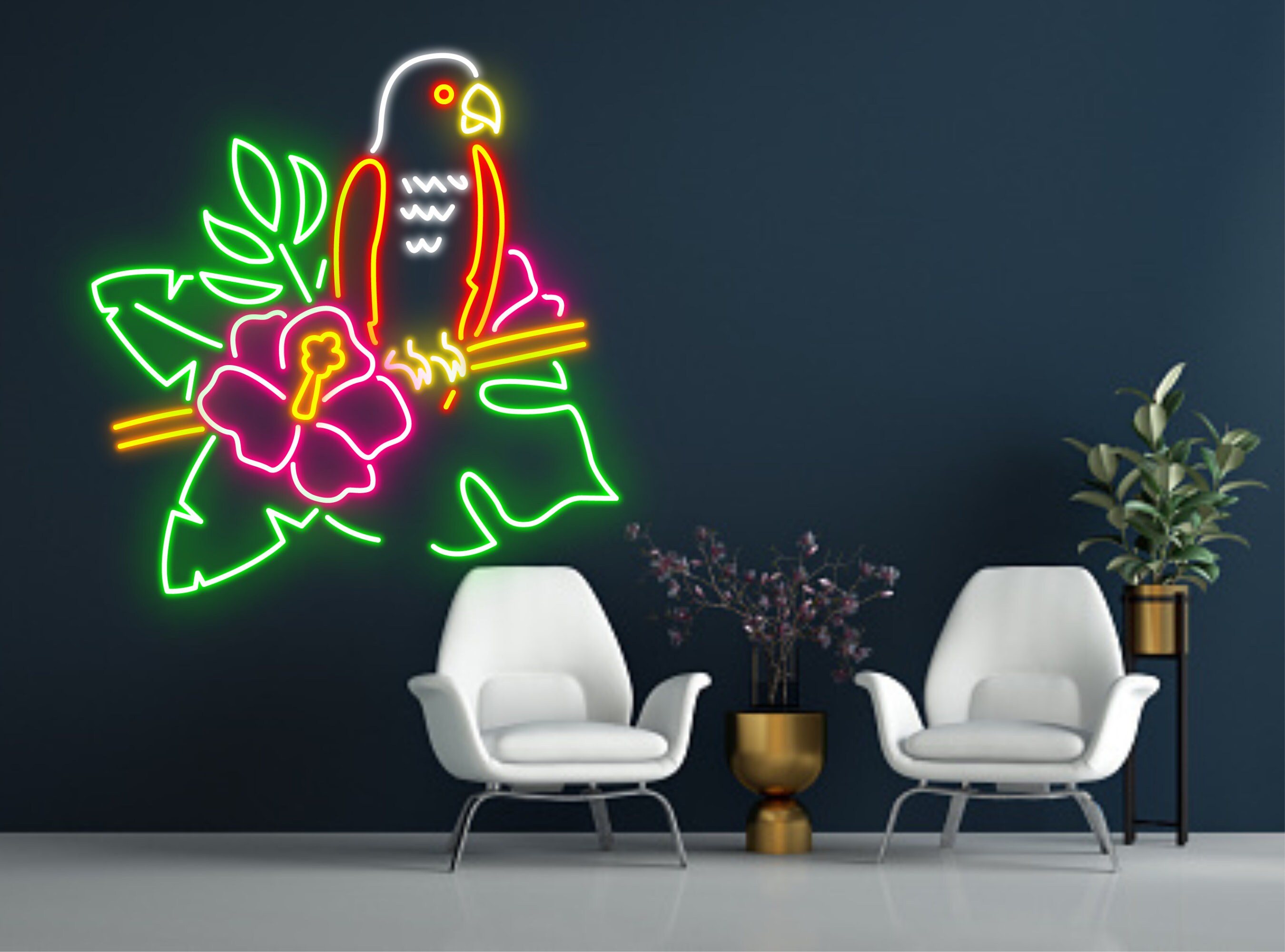 Parrot And Tropical Flowers Neon Sign