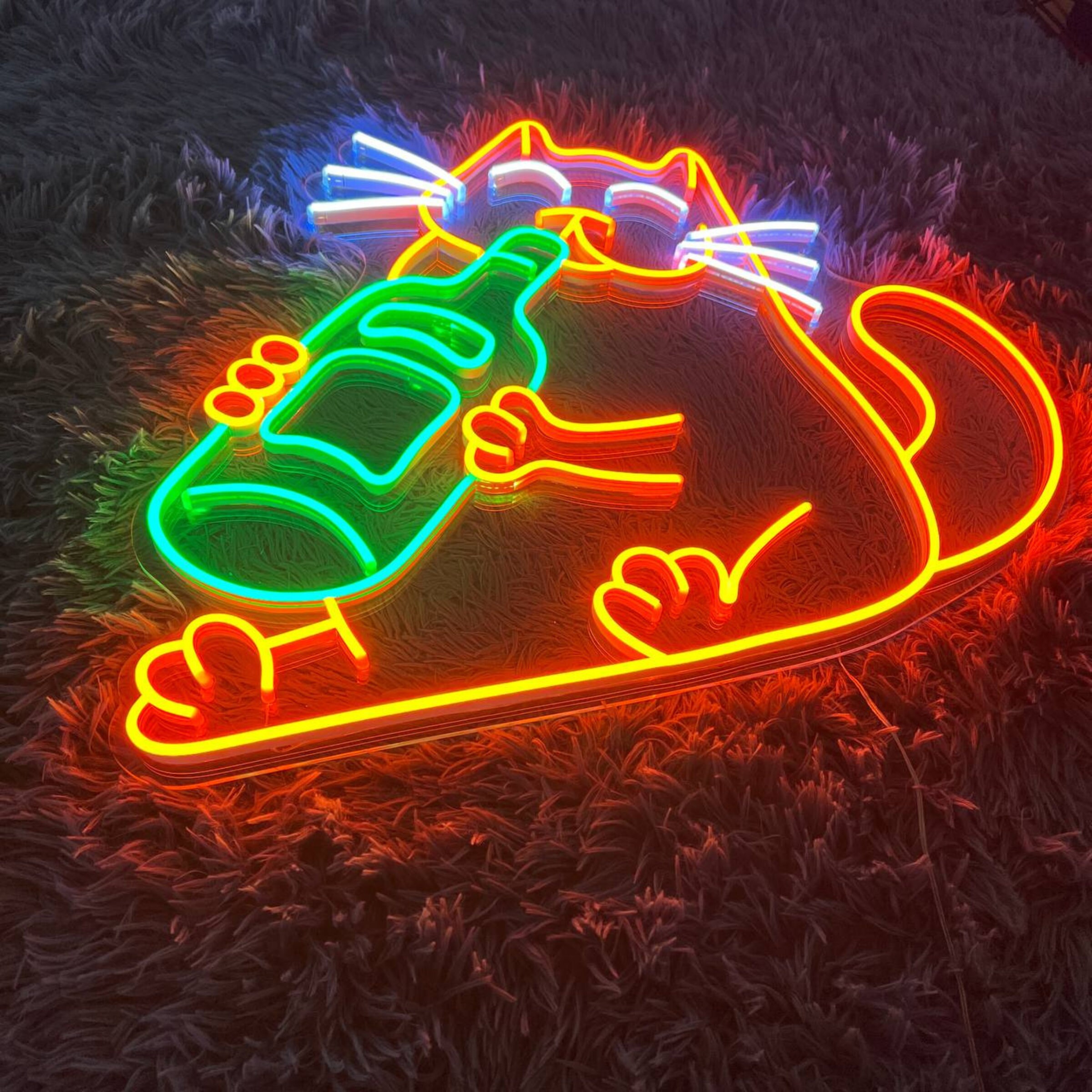 Drinking Beer Cat Line Art Neon Sign