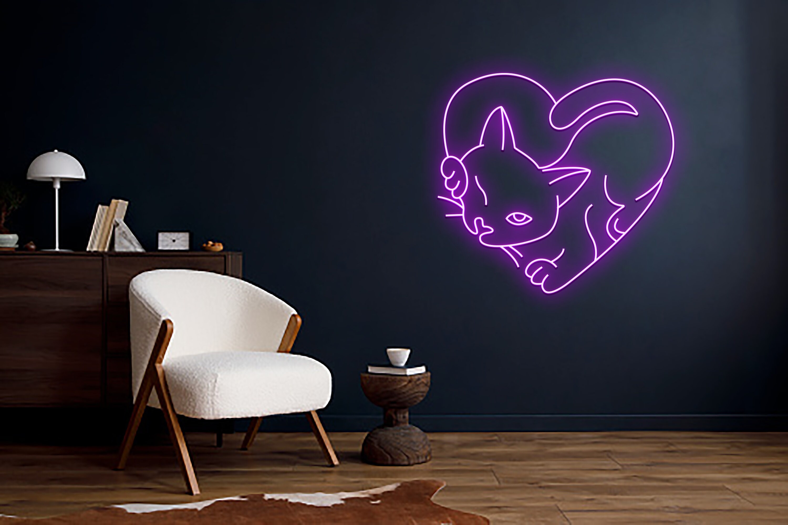 Cat In Heart Line Art Neon Signs