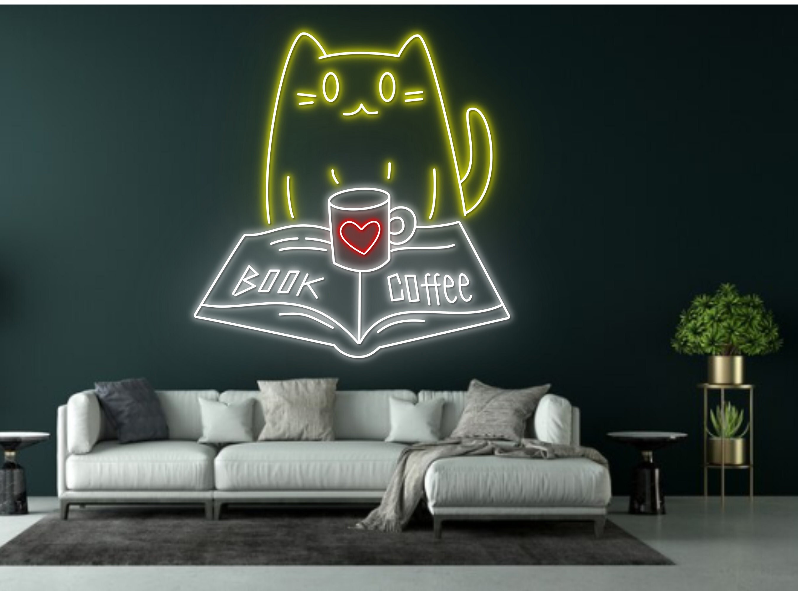 Chibi Cat Reading Book Coffee Neon Sign