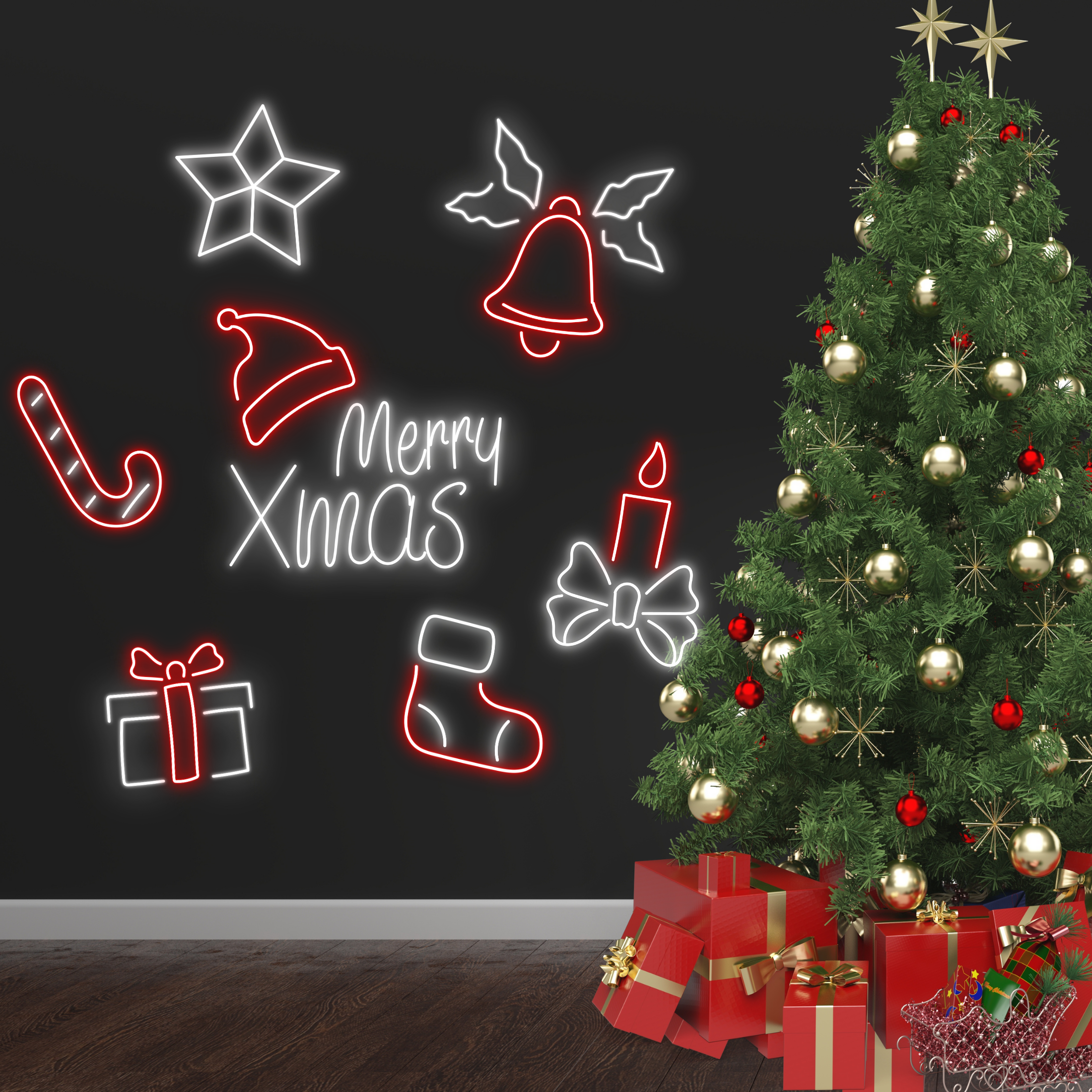 Christmas Candy Cane Neon Sign Noel Decor Set White Red