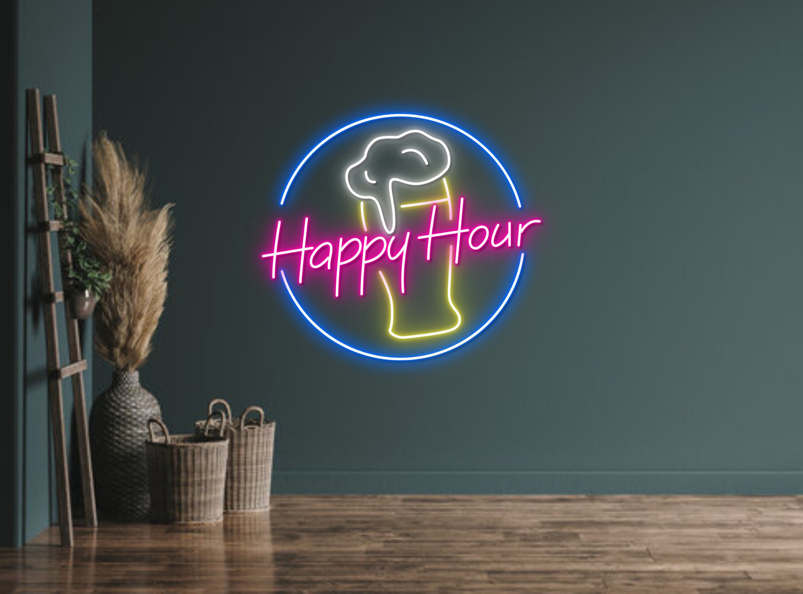 Happy Hour Beer Bottle Glass Foam Neon Signs
