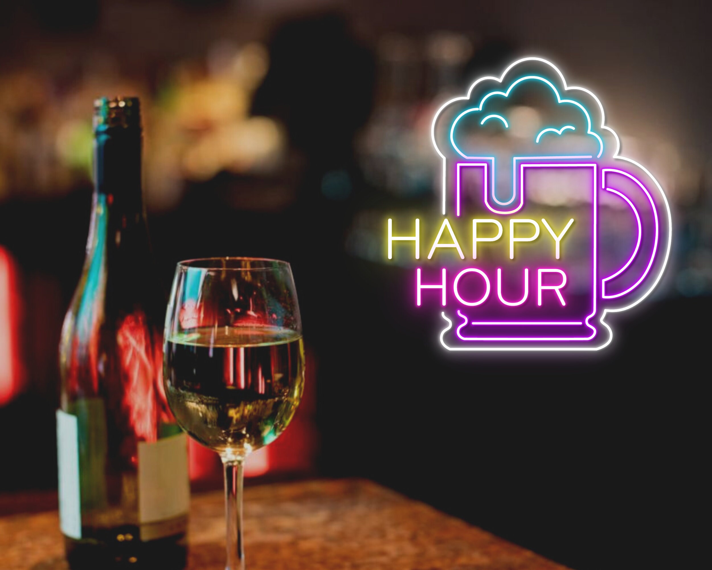 Happy Hour Beer Bottle Glass Foam Neon Sign