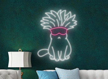 Chibi Cat With Feather Headdress Line Art Neon Sign
