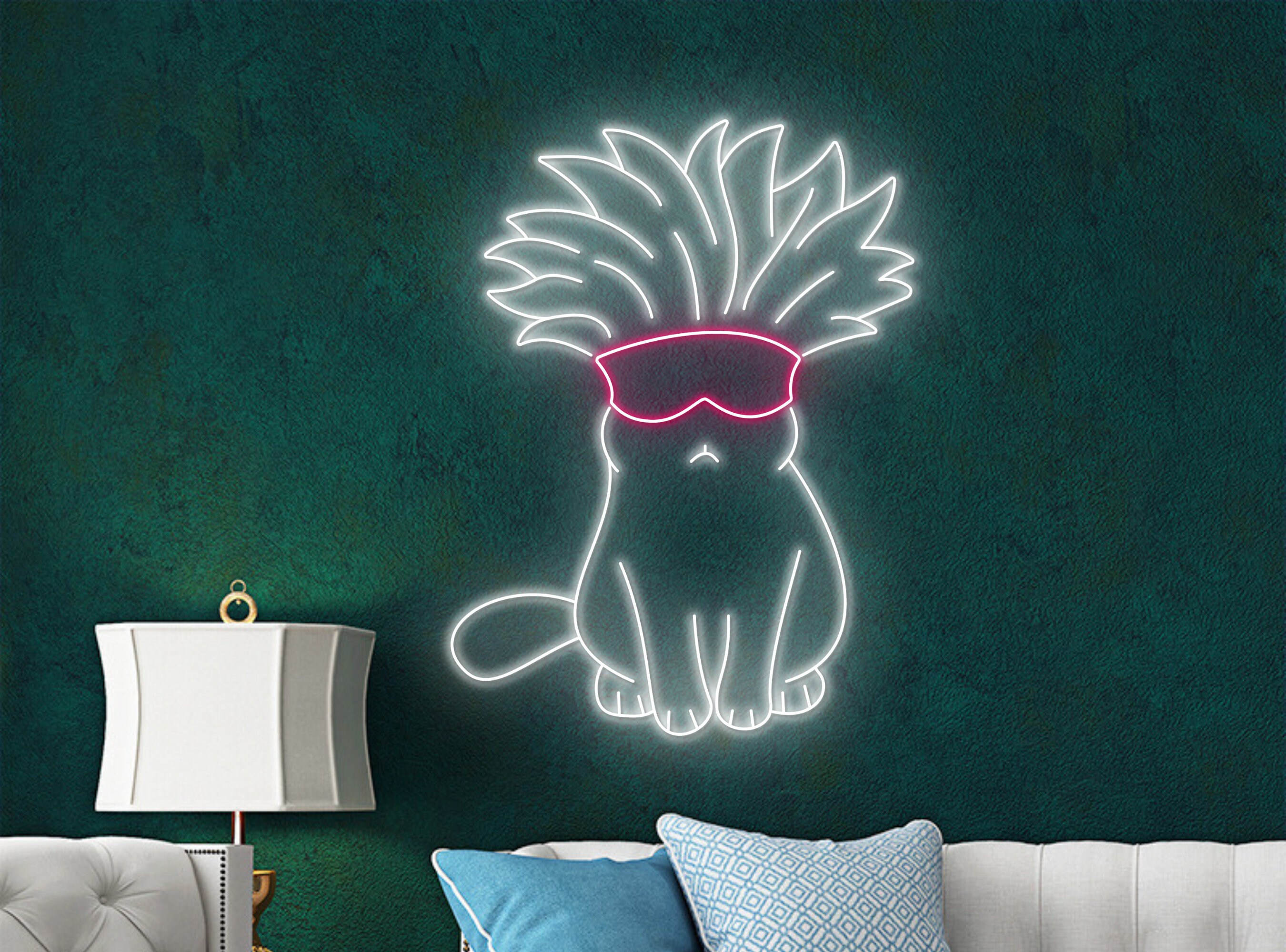 Chibi Cat With Feather Headdress Line Art Neon Sign