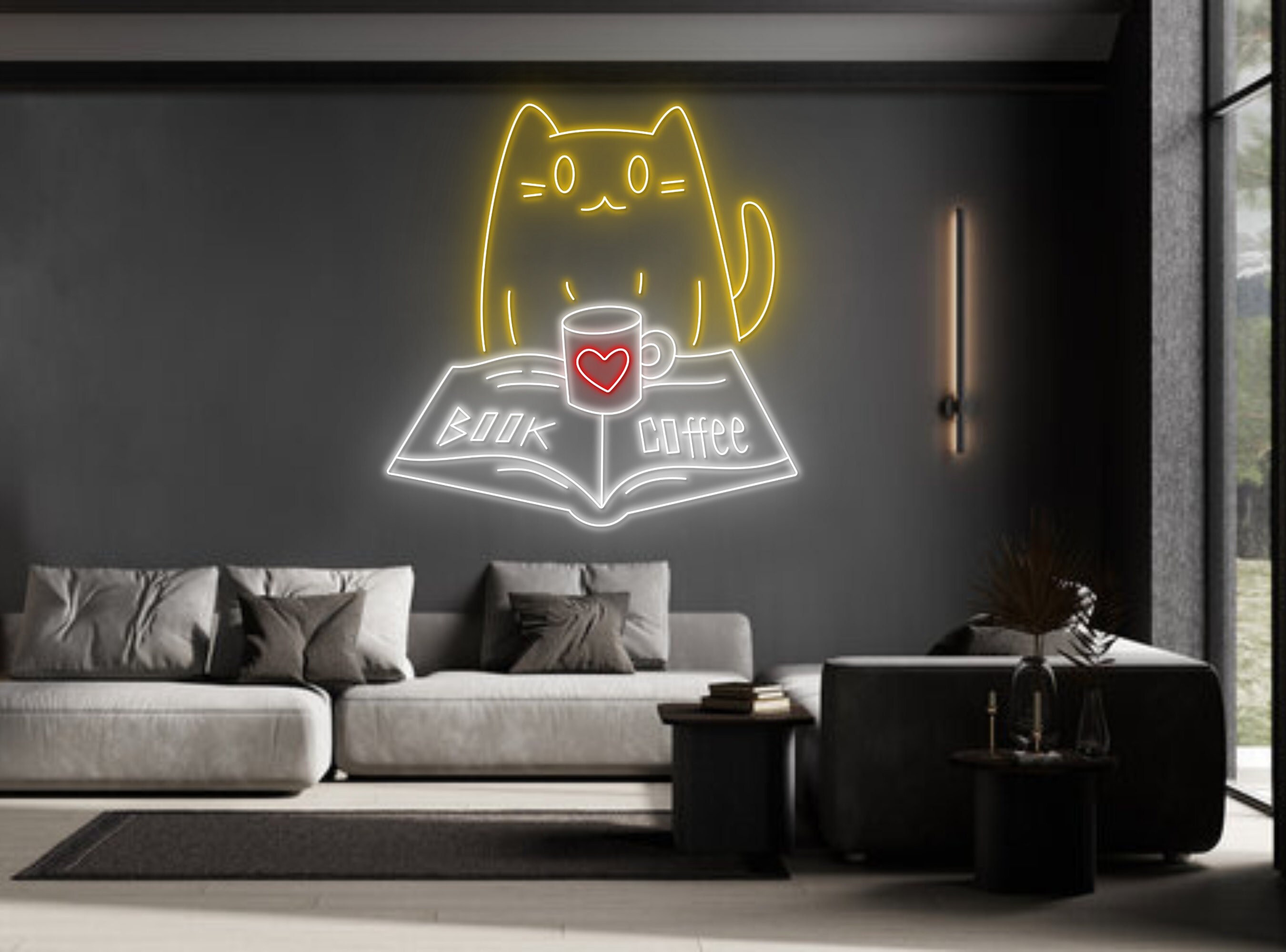 Chibi Cat Reading Book Coffee Neon Sign