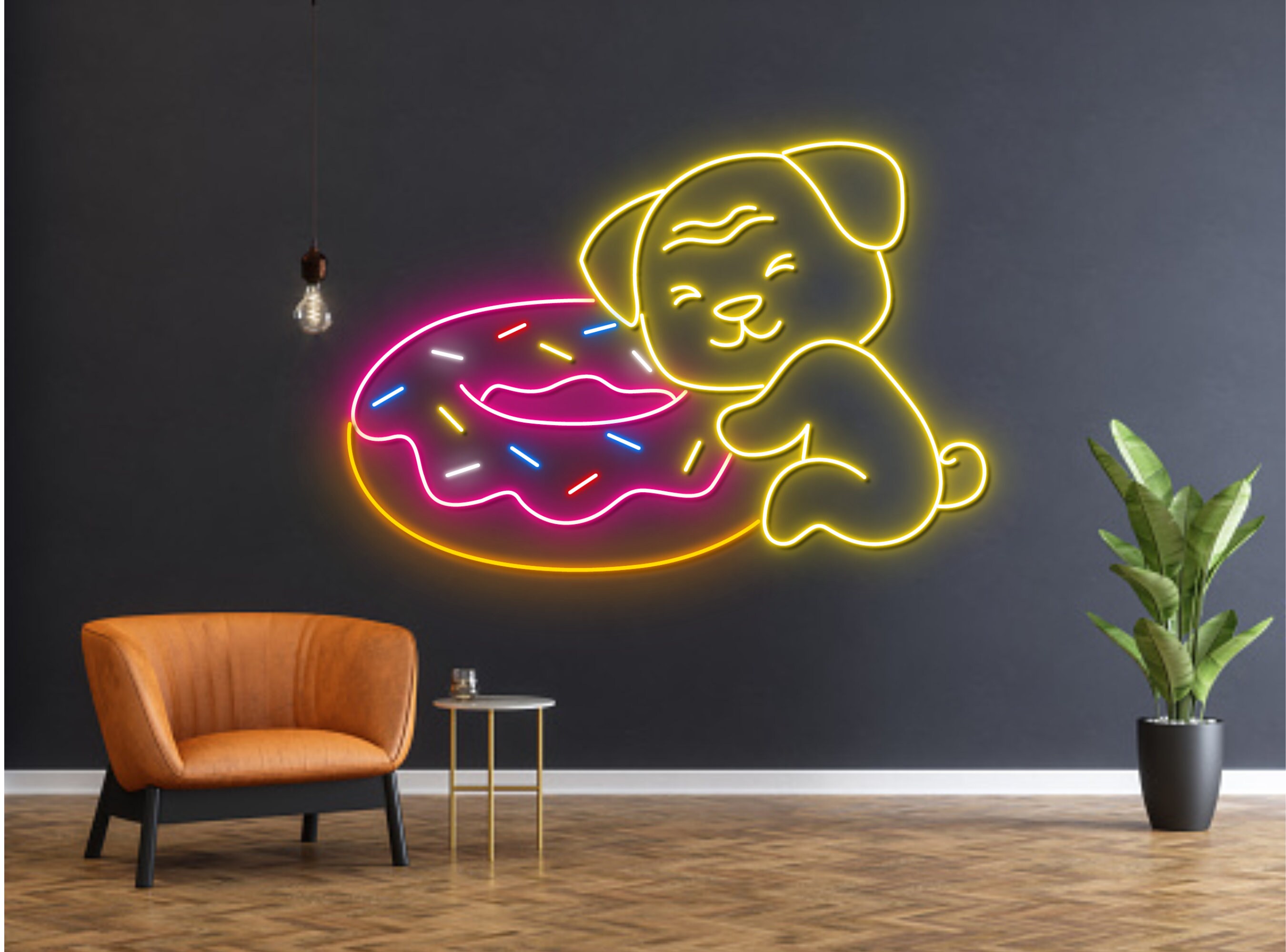 Pug Dog Hug Donut Cake Neon Sign