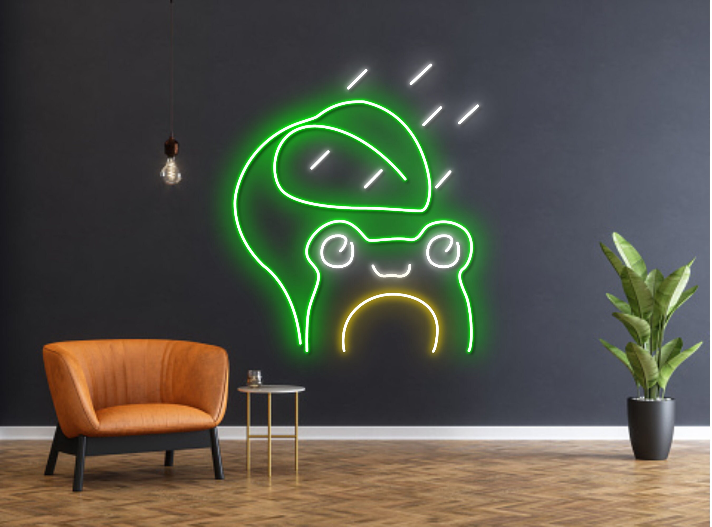 Raining Chibi Frog Under Green Leaf Neon Sign