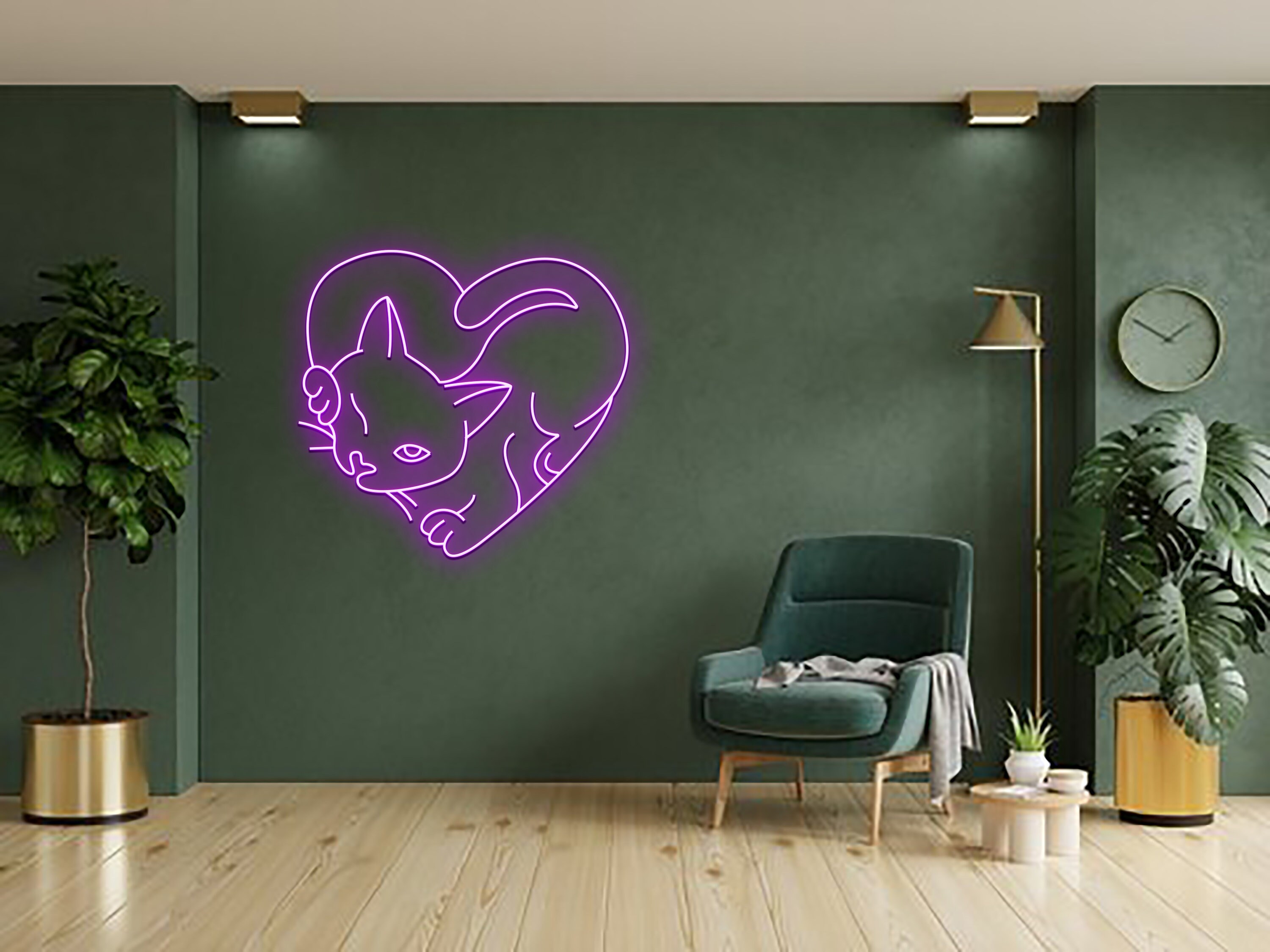 Cat In Heart Line Art Neon Signs