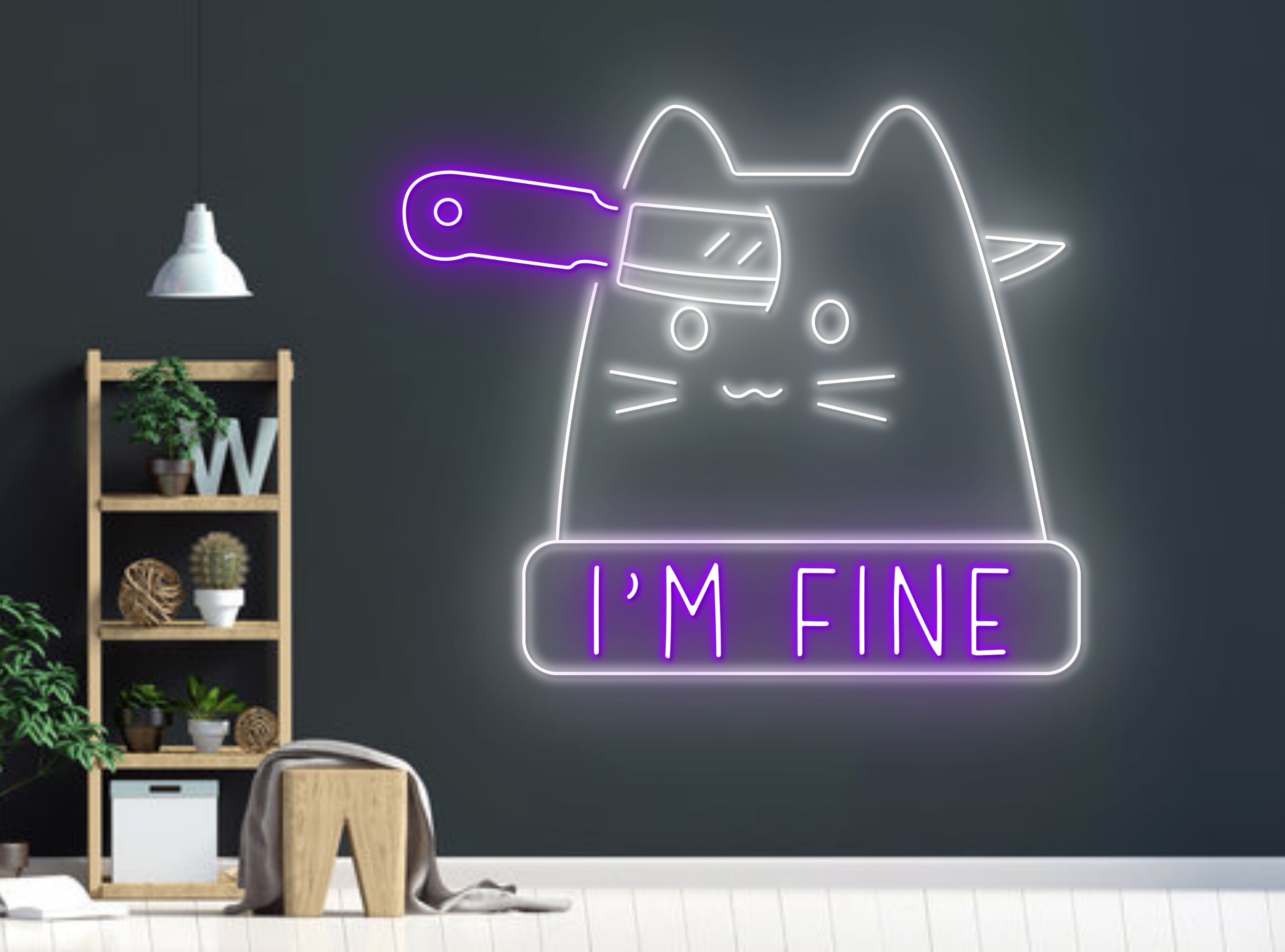 Knife In The Cat Head Line Art Neon Sign