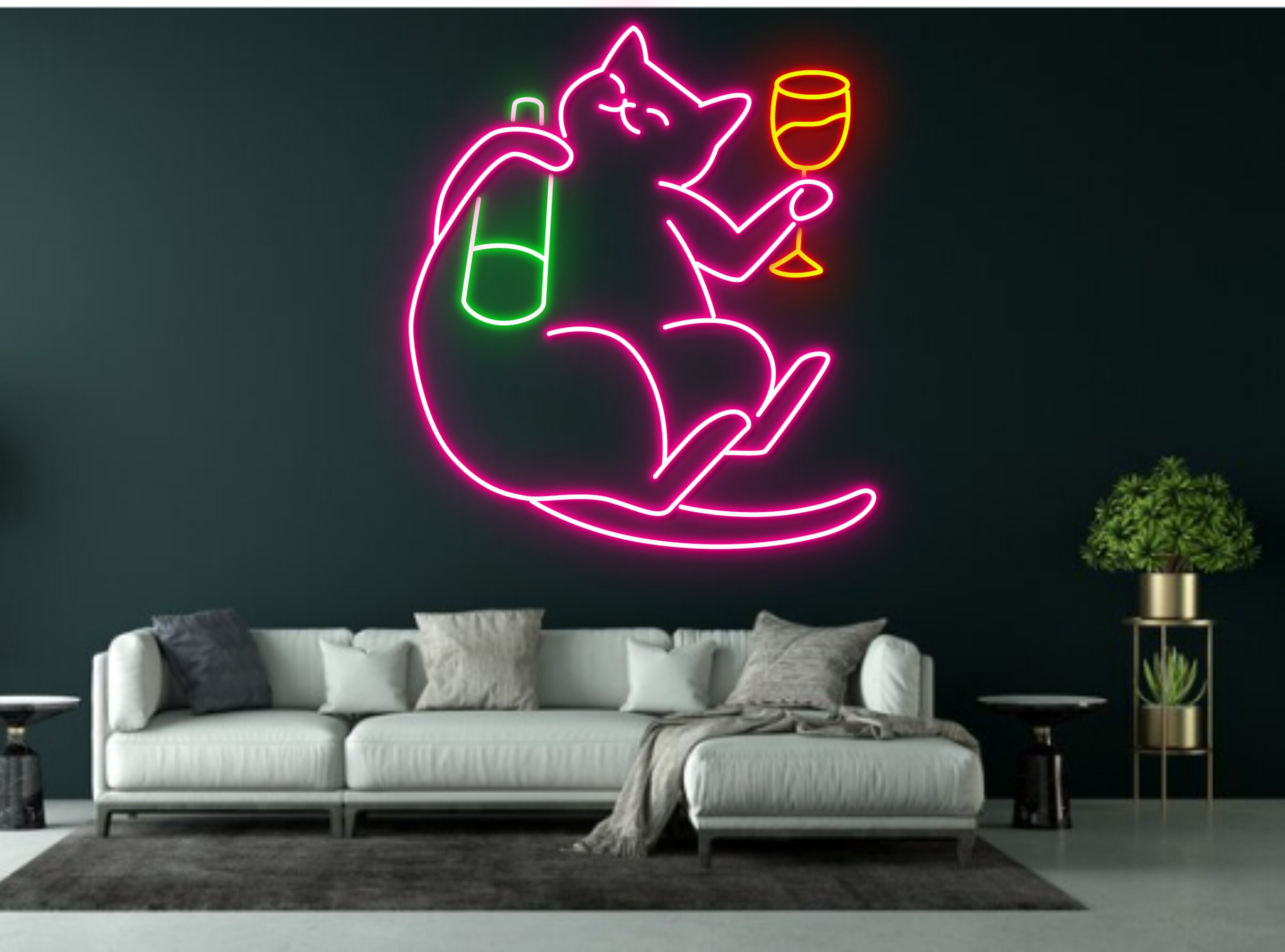 Cat Hug Wine Bottle And Champagne Neon Sign