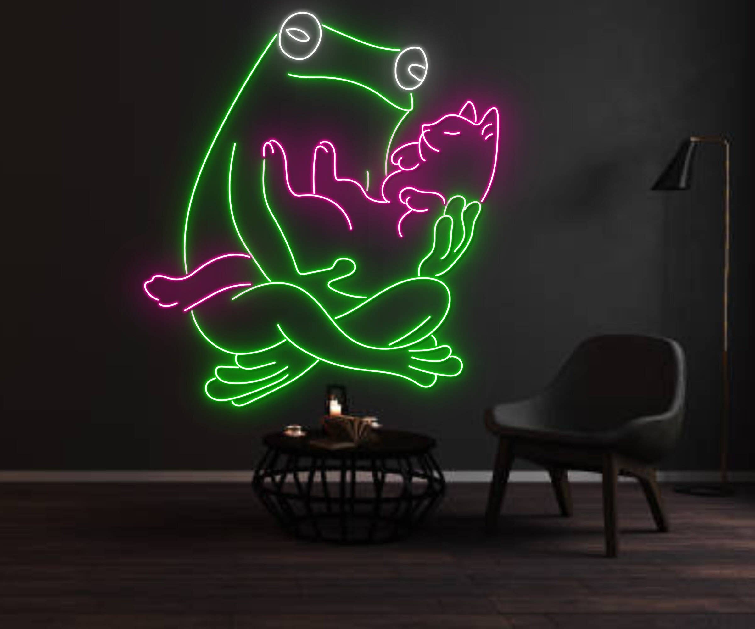 Frog Hugging Cat Neon Sign Funny Animal Wall Art Neon Sign