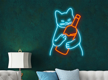 Cat Hug Wine Bottle Line Art Neon Sign