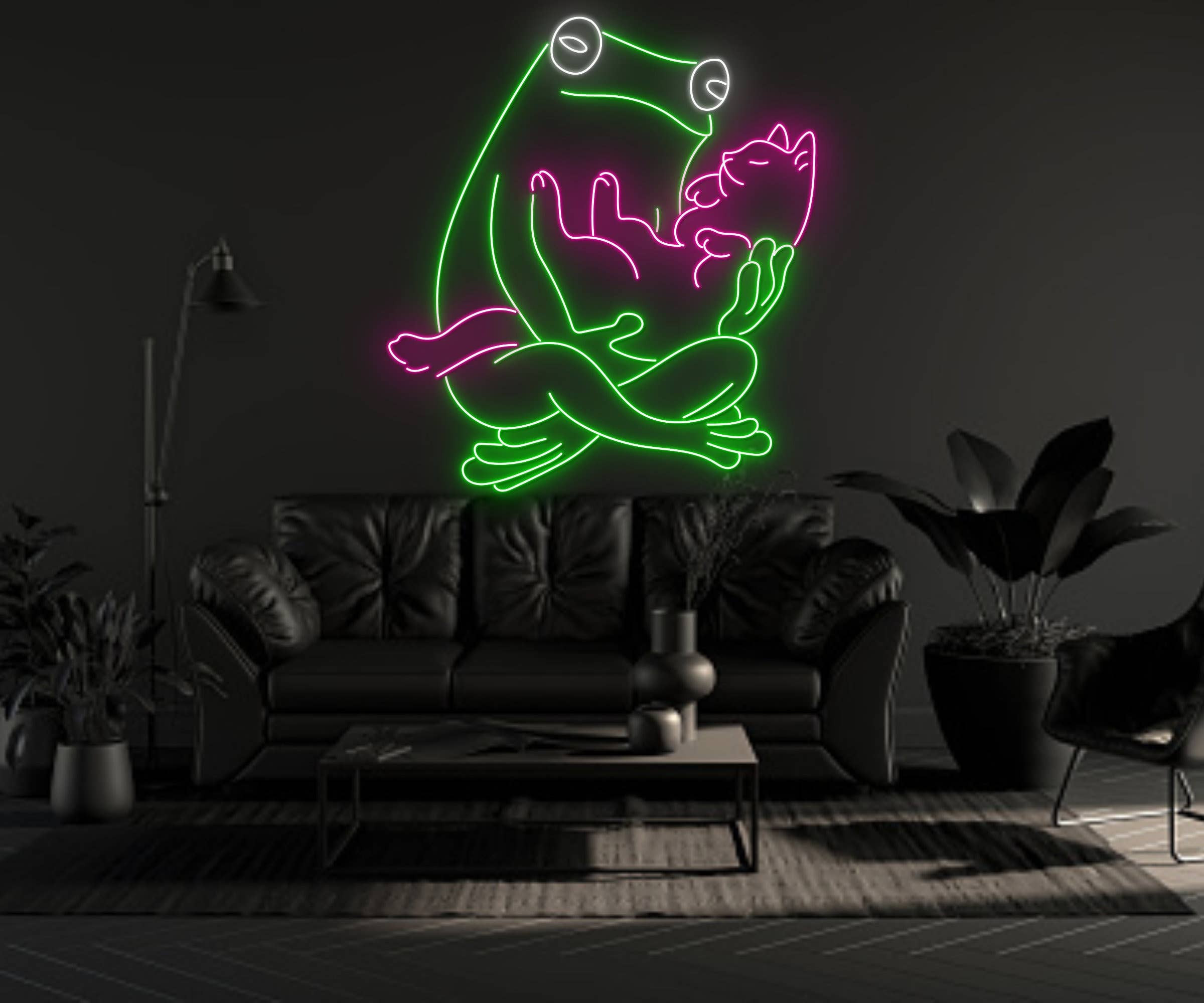 Frog Hugging Cat Neon Sign Funny Animal Wall Art Neon Sign