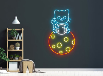 Cute Cat Sitting On Virus Line Art Neon Sign