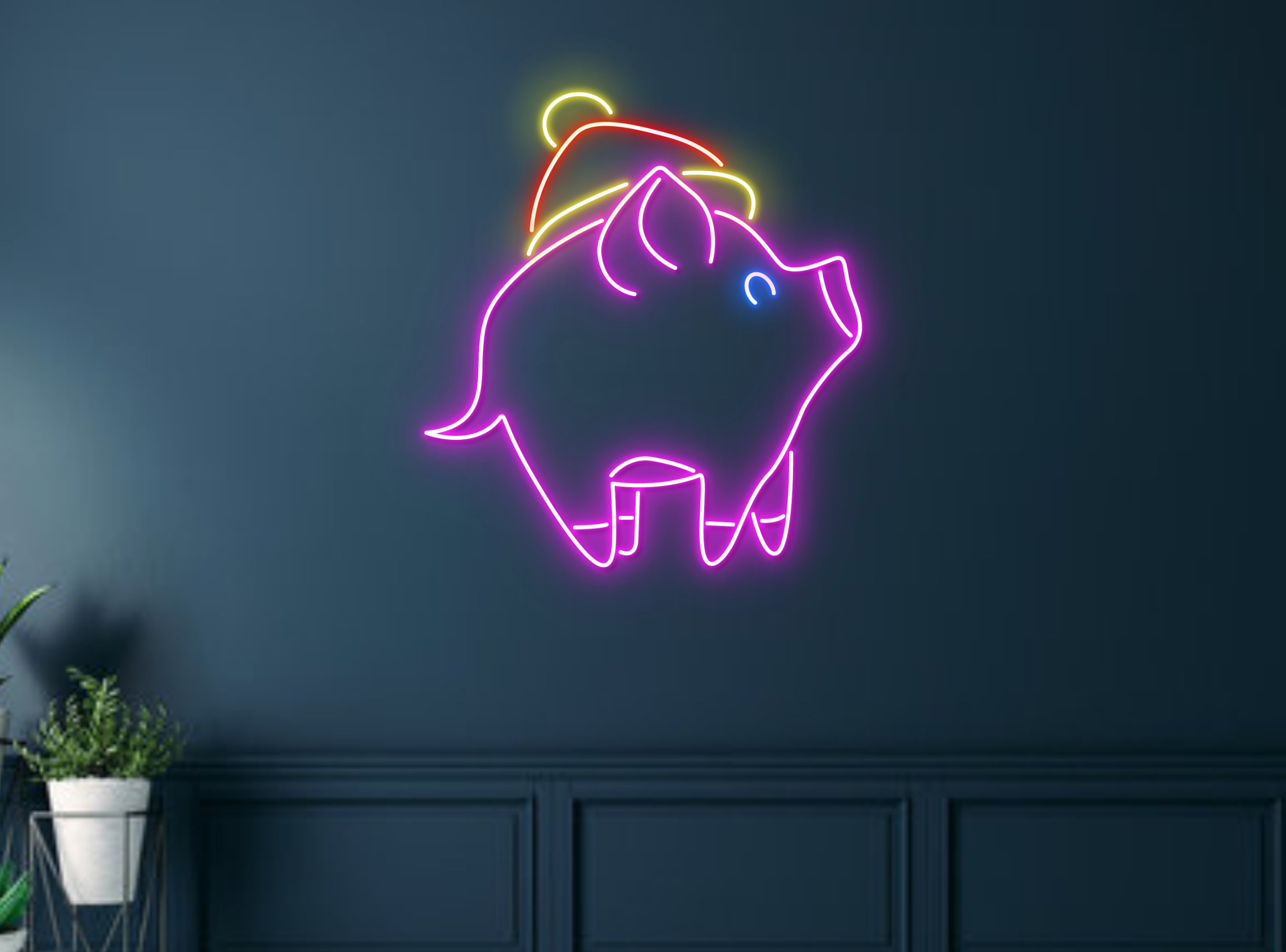 Pig With Christmas Hat Neon Signs